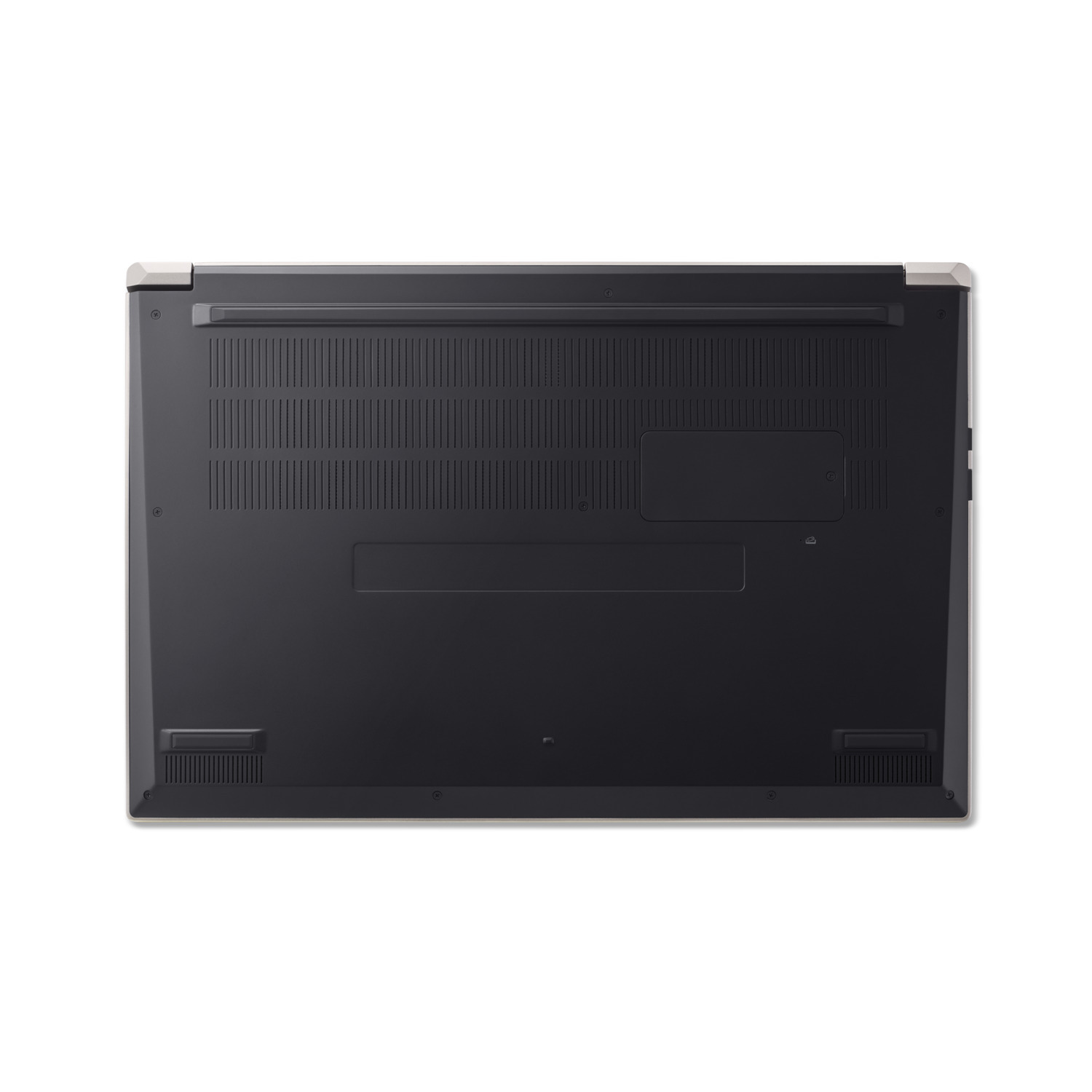 The bottom of a black laptop. It has air vents, screws, and a rectangular access panel. The edges are silver.