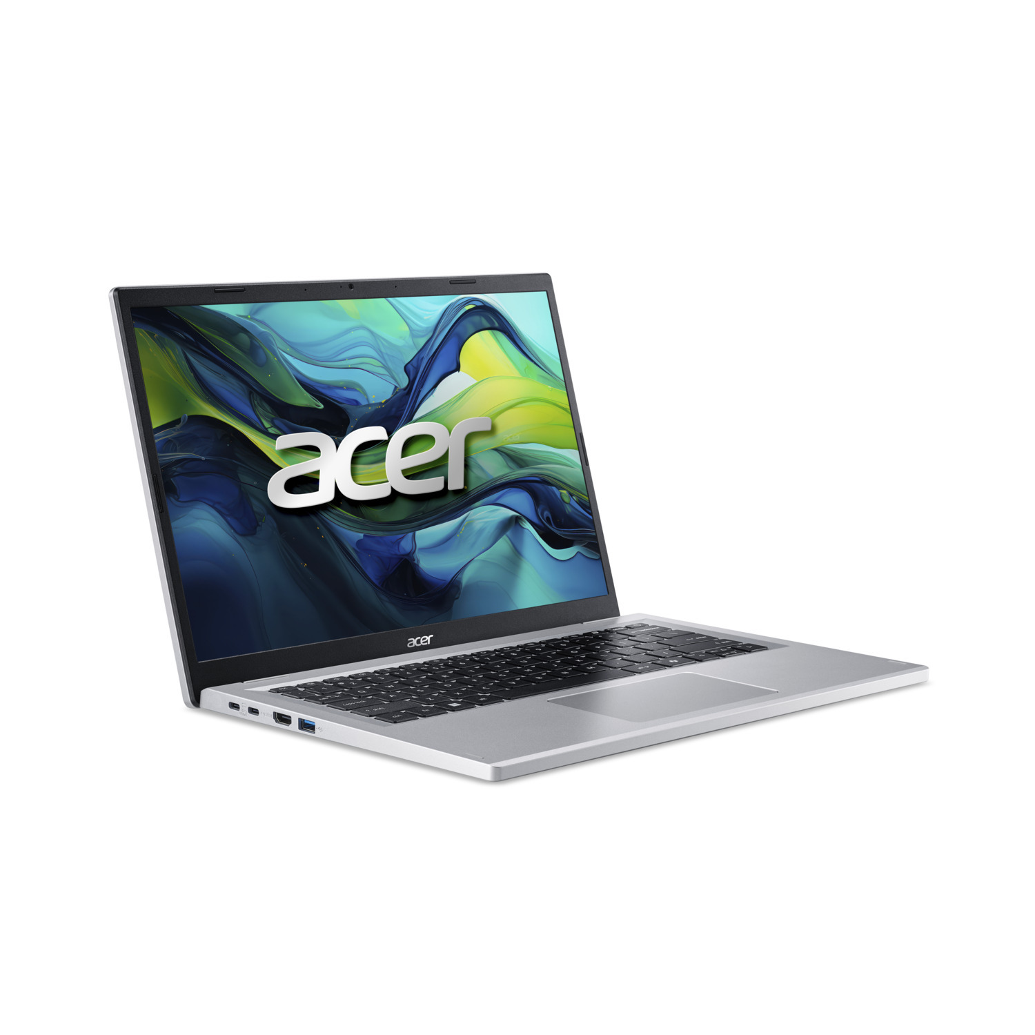 Ordinateur portable Acer argenté sur fond blanc. L'écran affiche une image abstraite colorée. Le clavier est noir.