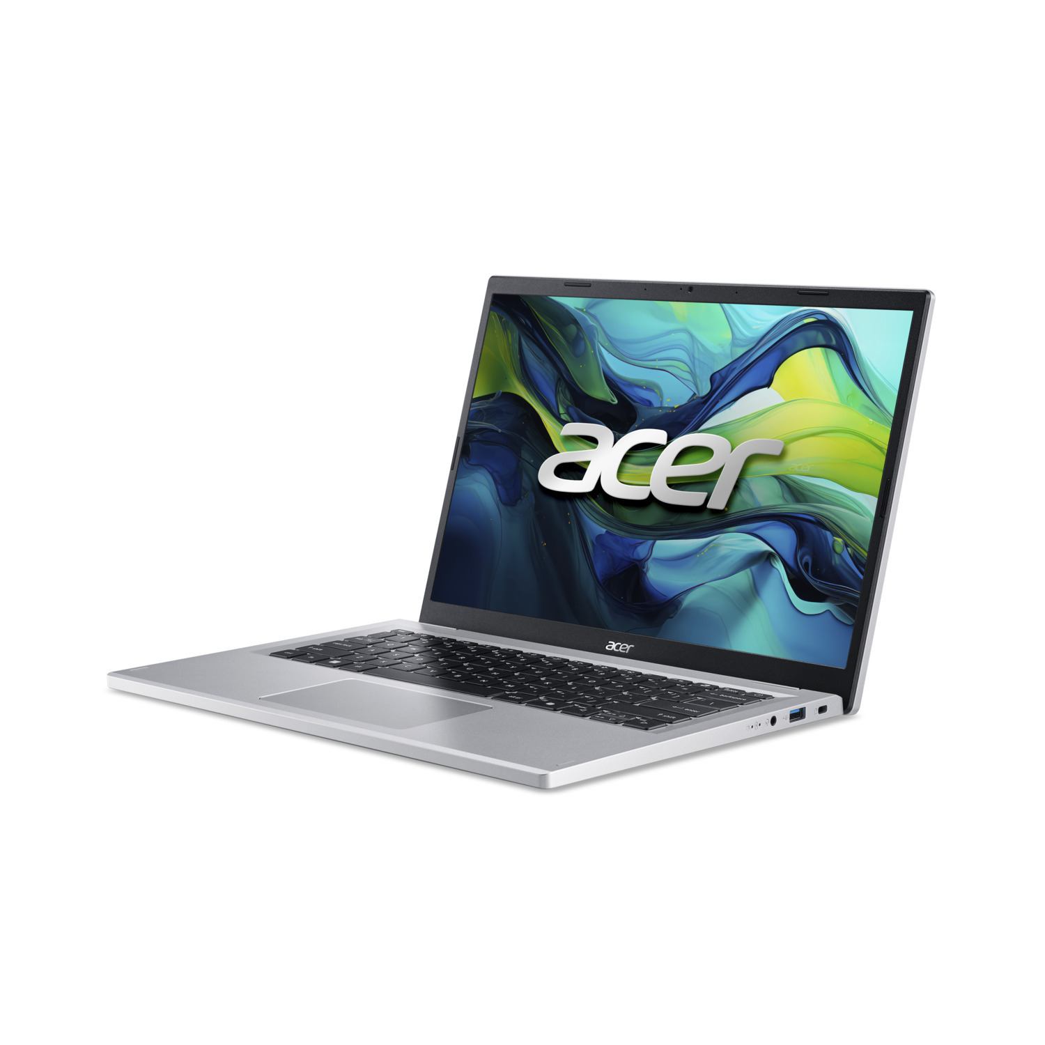 Ordinateur portable Acer argenté sur fond blanc. L'écran affiche le logo Acer et un design abstrait bleu et vert.