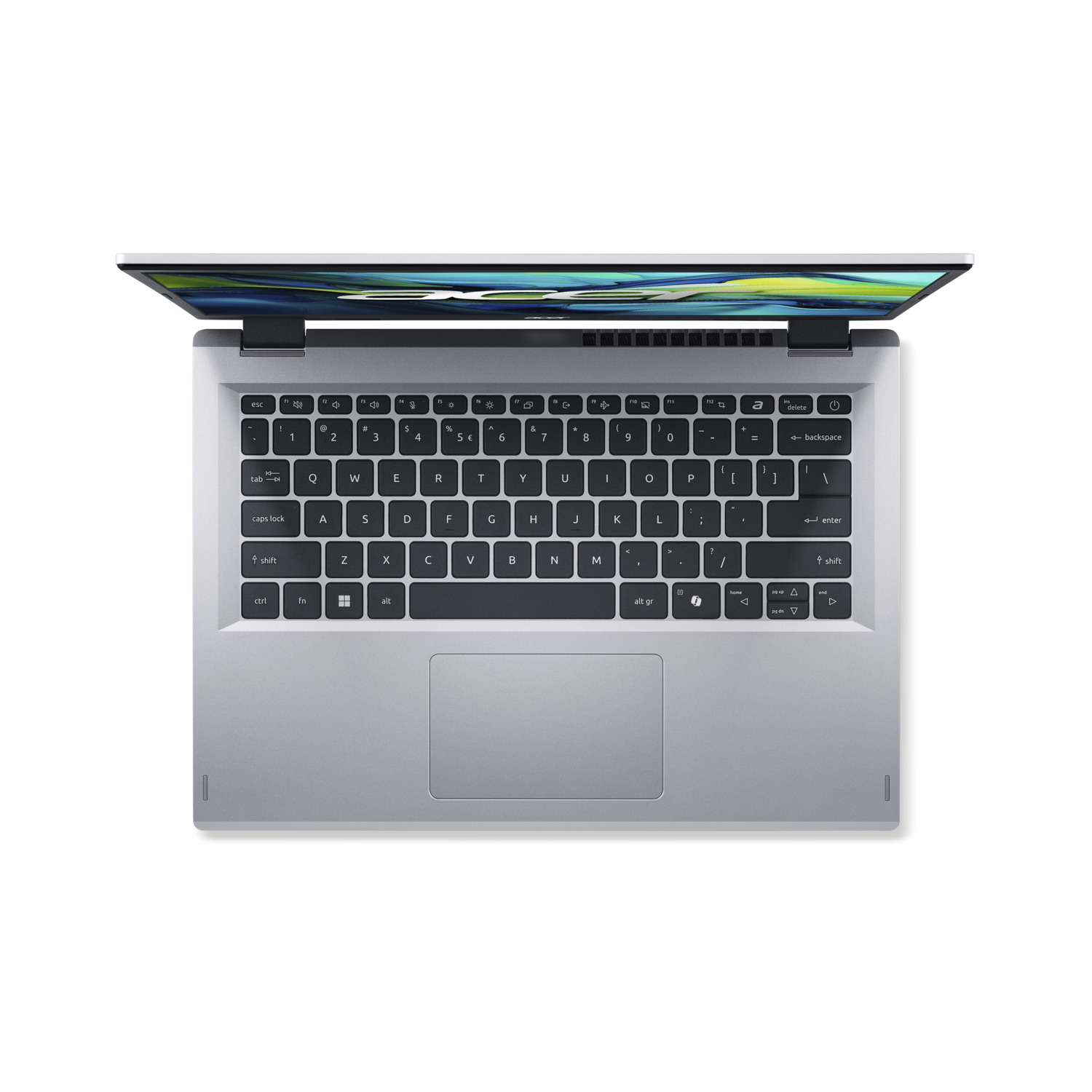 Ordinateur portable argenté, vue de dessus, ouvert. Clavier visible avec touches noires et lettres blanches. Écran affiche des couleurs abstraites. Fond blanc.