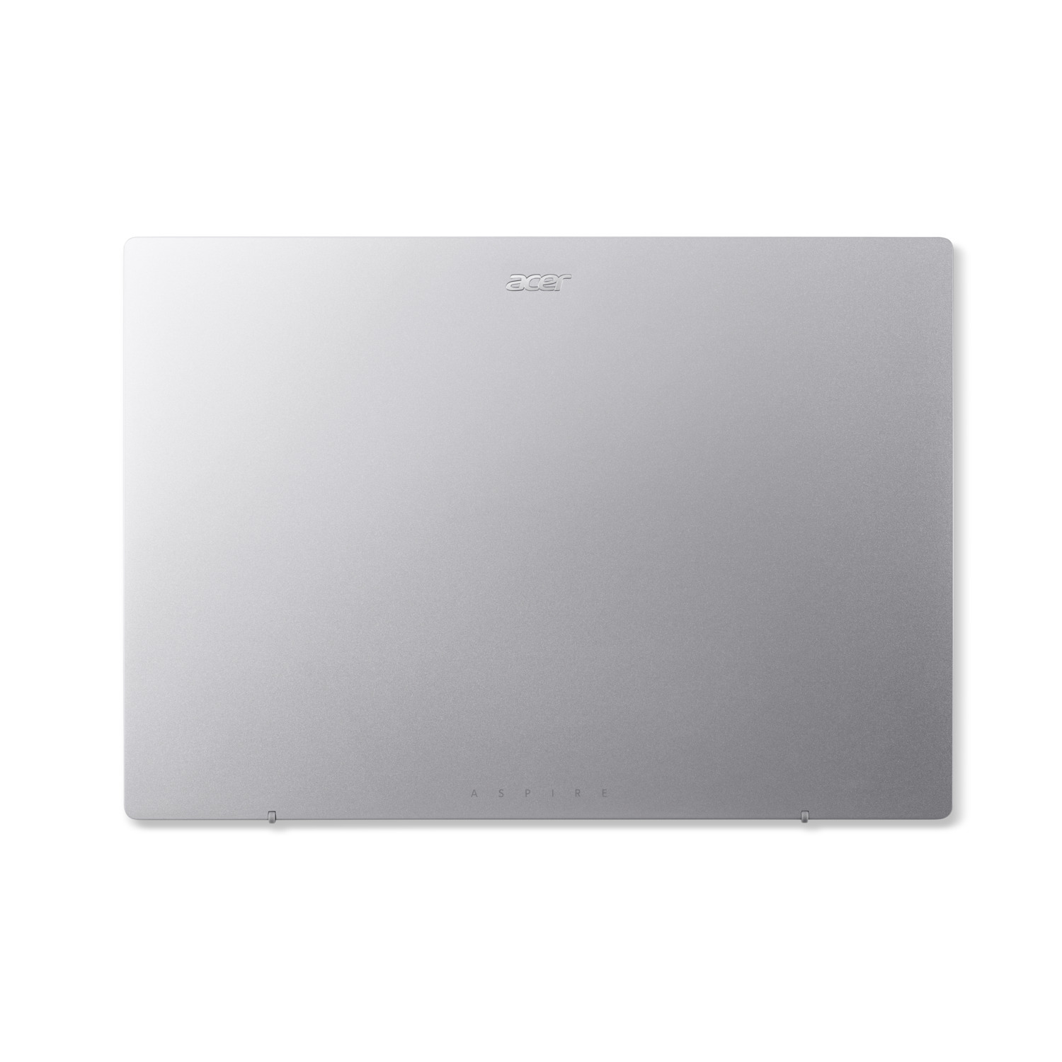 Couvercle d'ordinateur portable argenté avec le logo Acer en haut et "Aspire" en bas. Le fond est blanc.