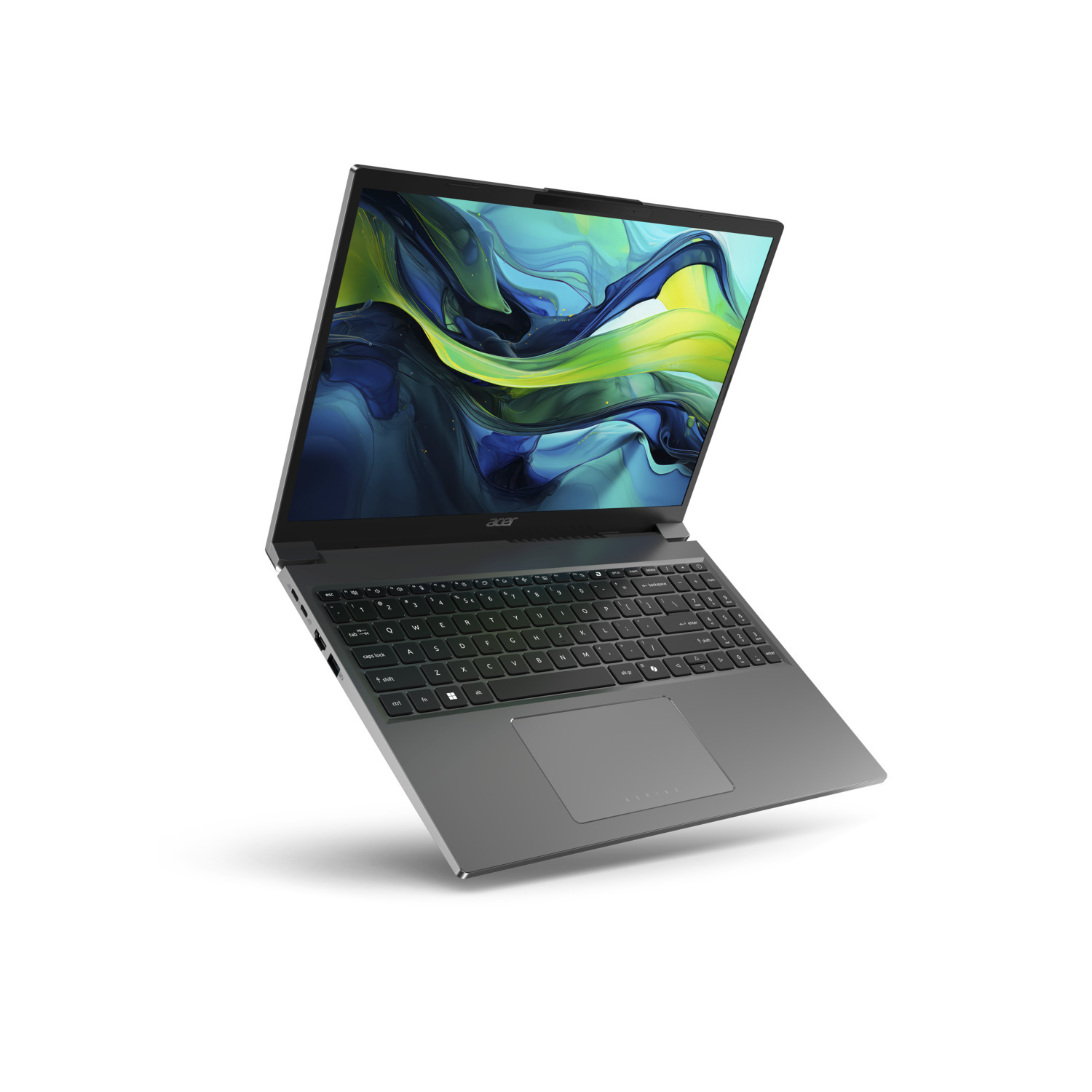 A silver laptop is open, displaying a colorful abstract background. It hovers over a white surface.