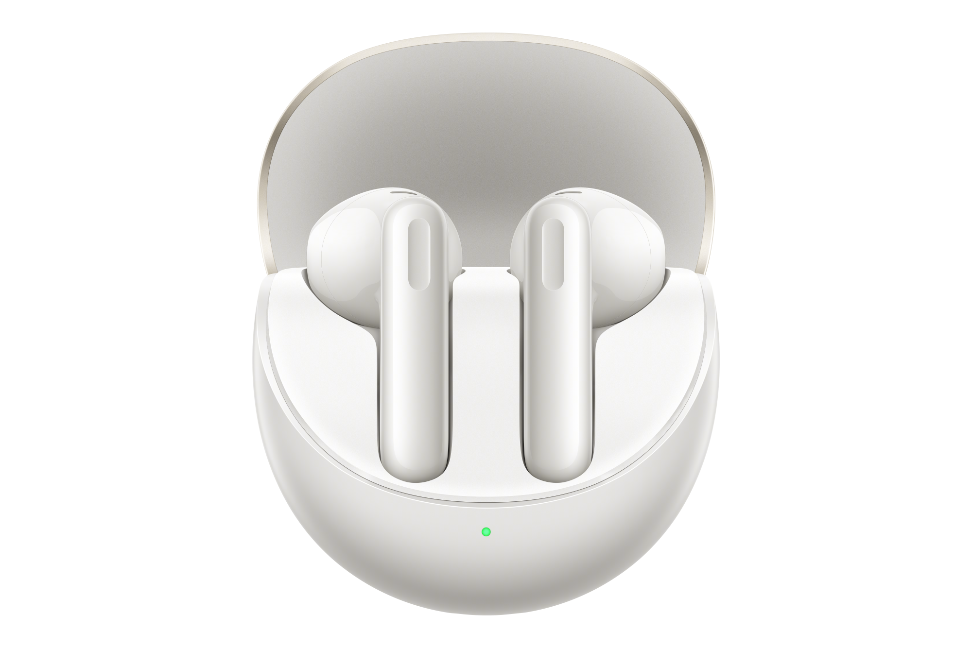 Białe słuchawki w białym etui ładującym, częściowo otwarte. Tło jest czarne.