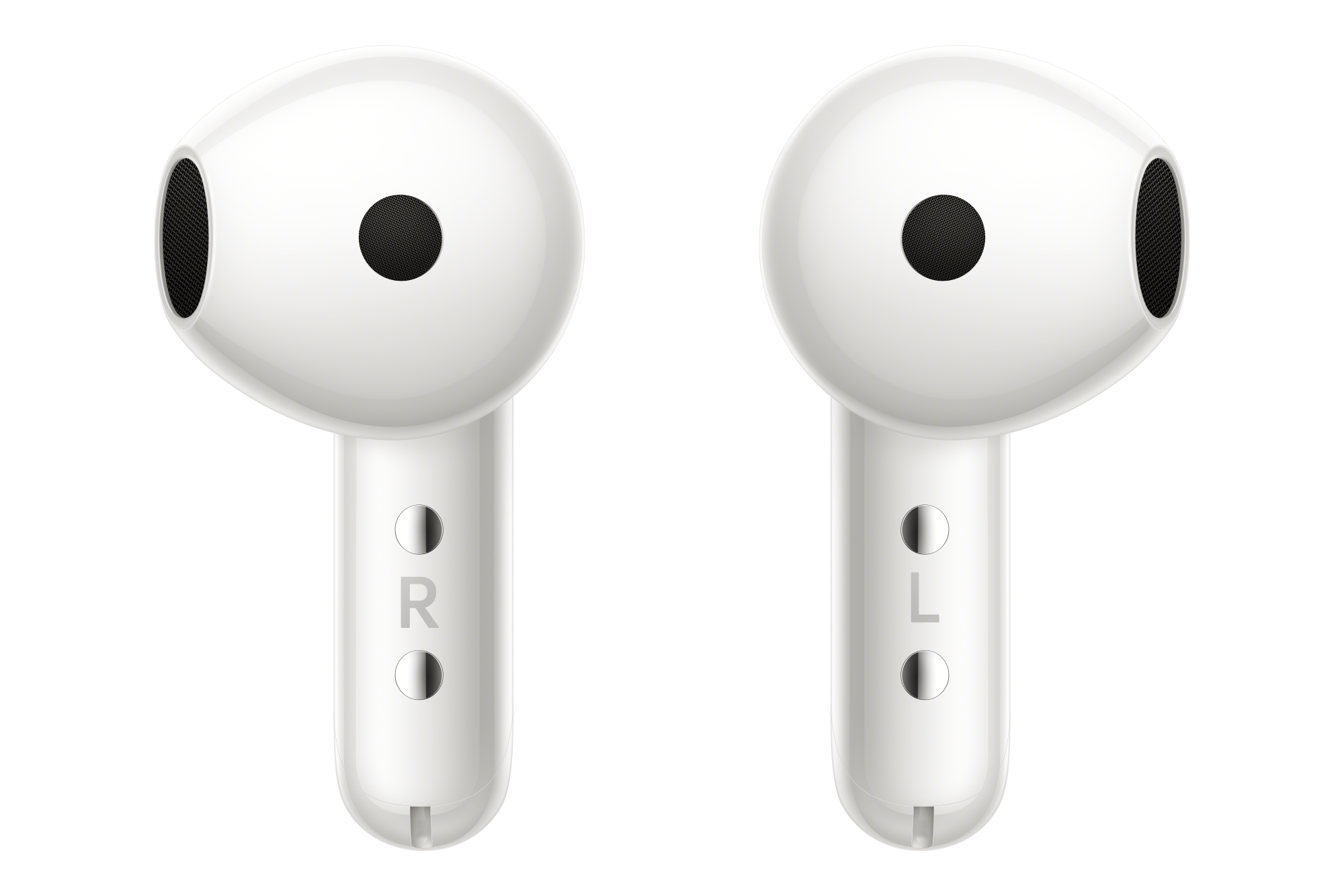Dwa białe bezprzewodowe słuchawki. Prawa słuchawka ma 'R', a lewa 'L' nadrukowane.