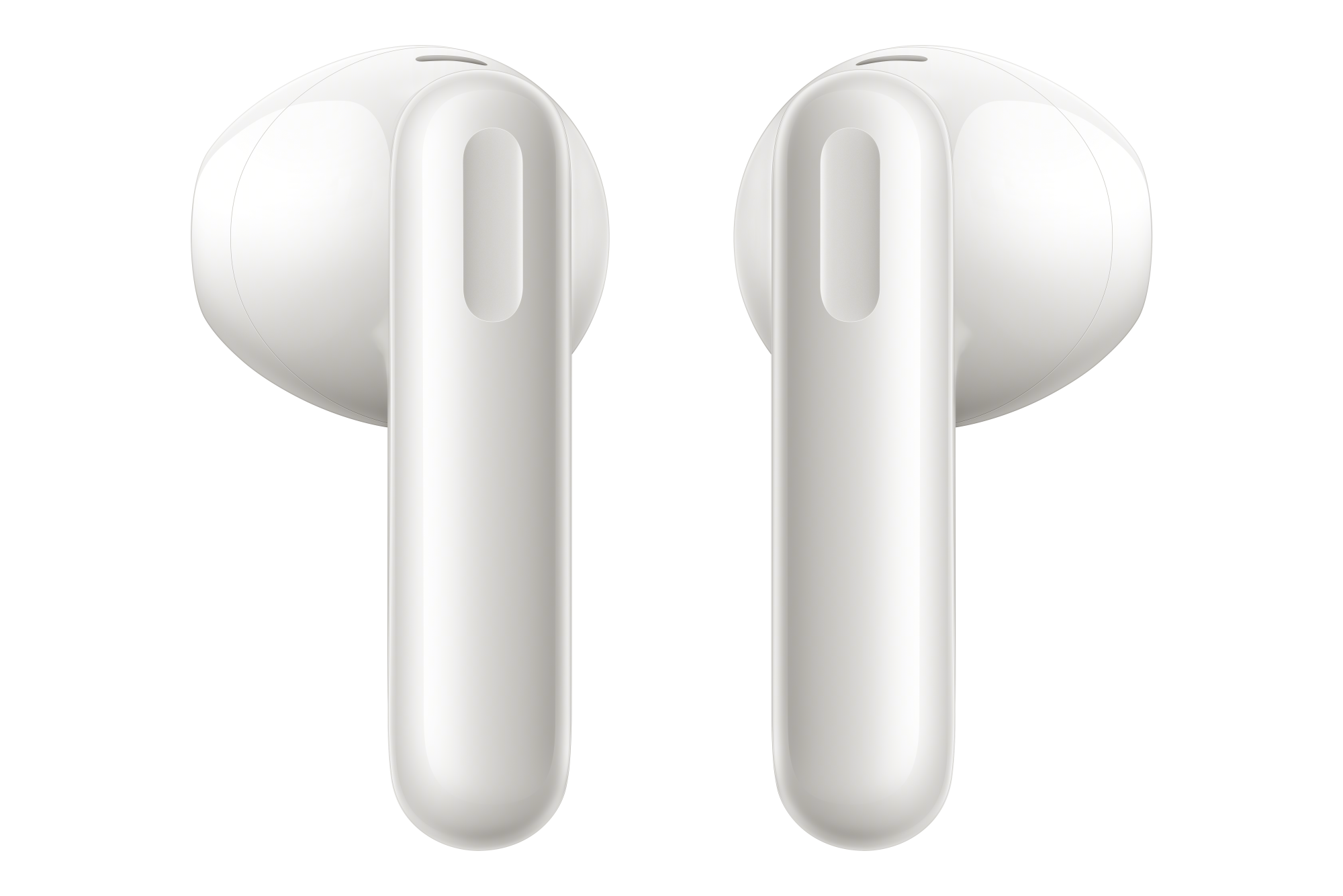 Dwa białe bezprzewodowe słuchawki na czarnym tle. Mają zaokrągloną górę i długą, smukłą łodygę.