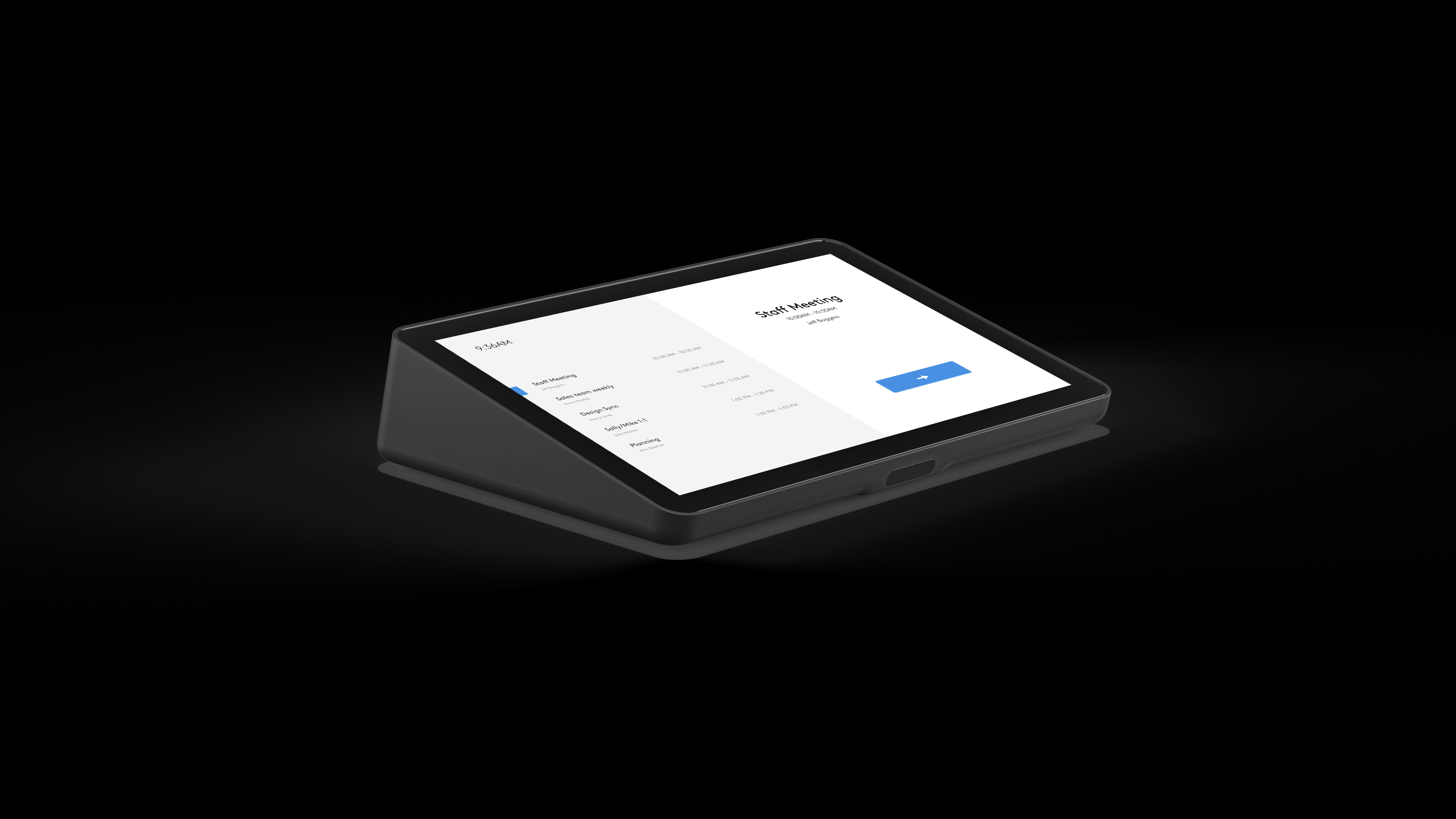 Ein Tablet zeigt einen Besprechungsplan an. Das Gerät ist dunkelgrau und liegt auf einer schwarzen Oberfläche. Weißer Text ist auf dem Bildschirm.