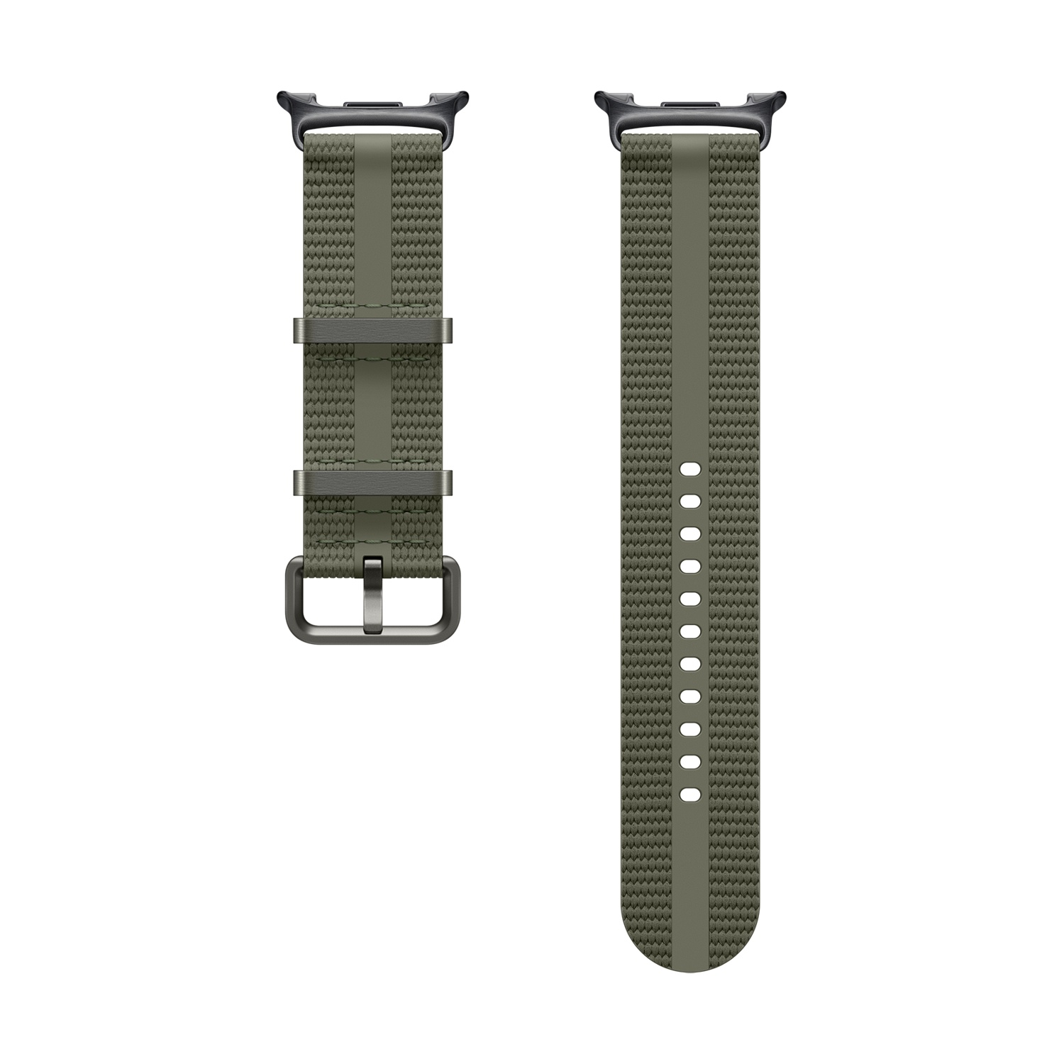 Zwei olivgrüne Uhrenarmbänder auf weißem Hintergrund. Eines hat eine Schnalle, das andere Löcher.