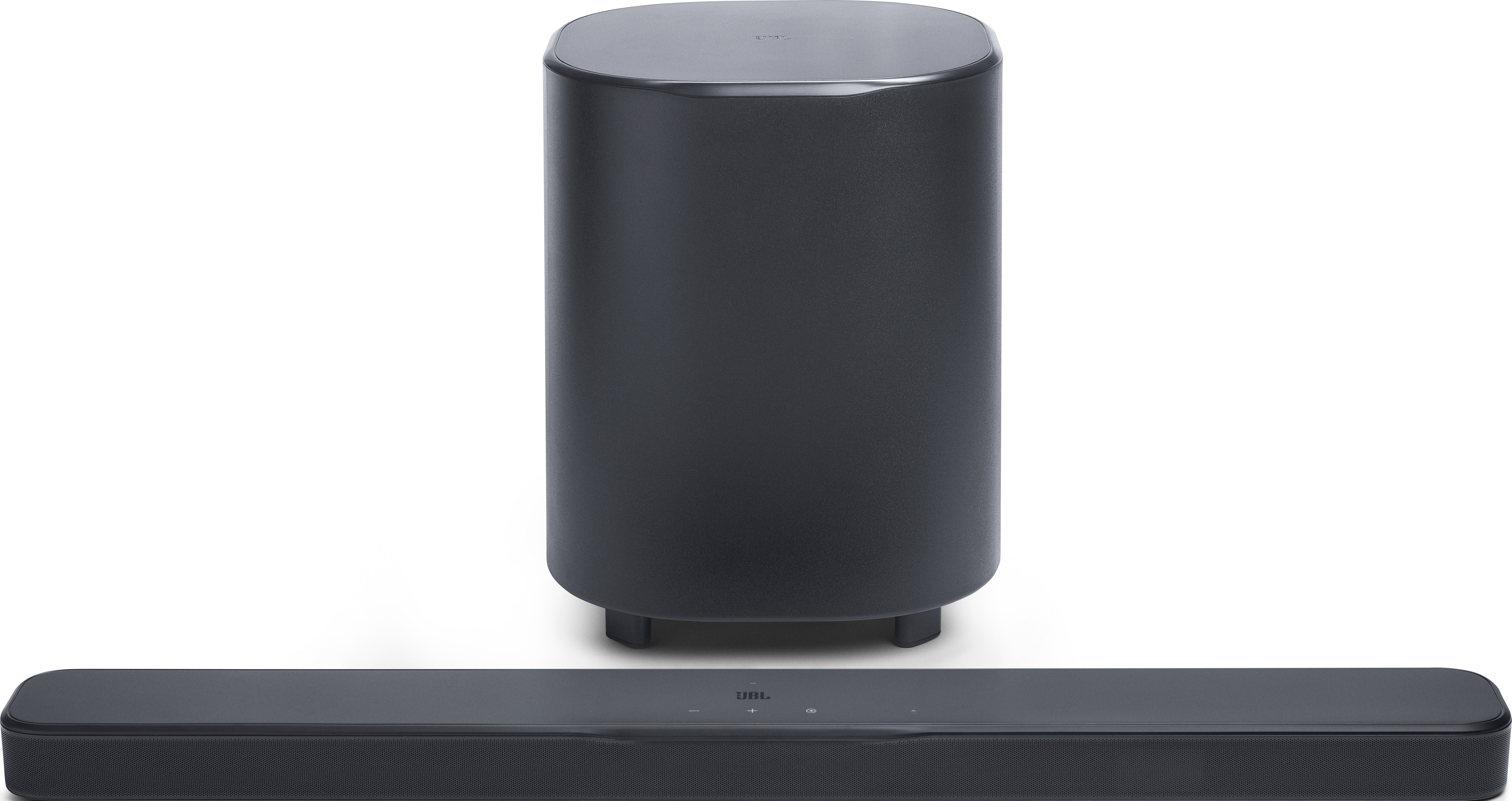Un sistema audio JBL grigio scuro. Un subwoofer cilindrico è sopra una soundbar. Il logo JBL è visibile.