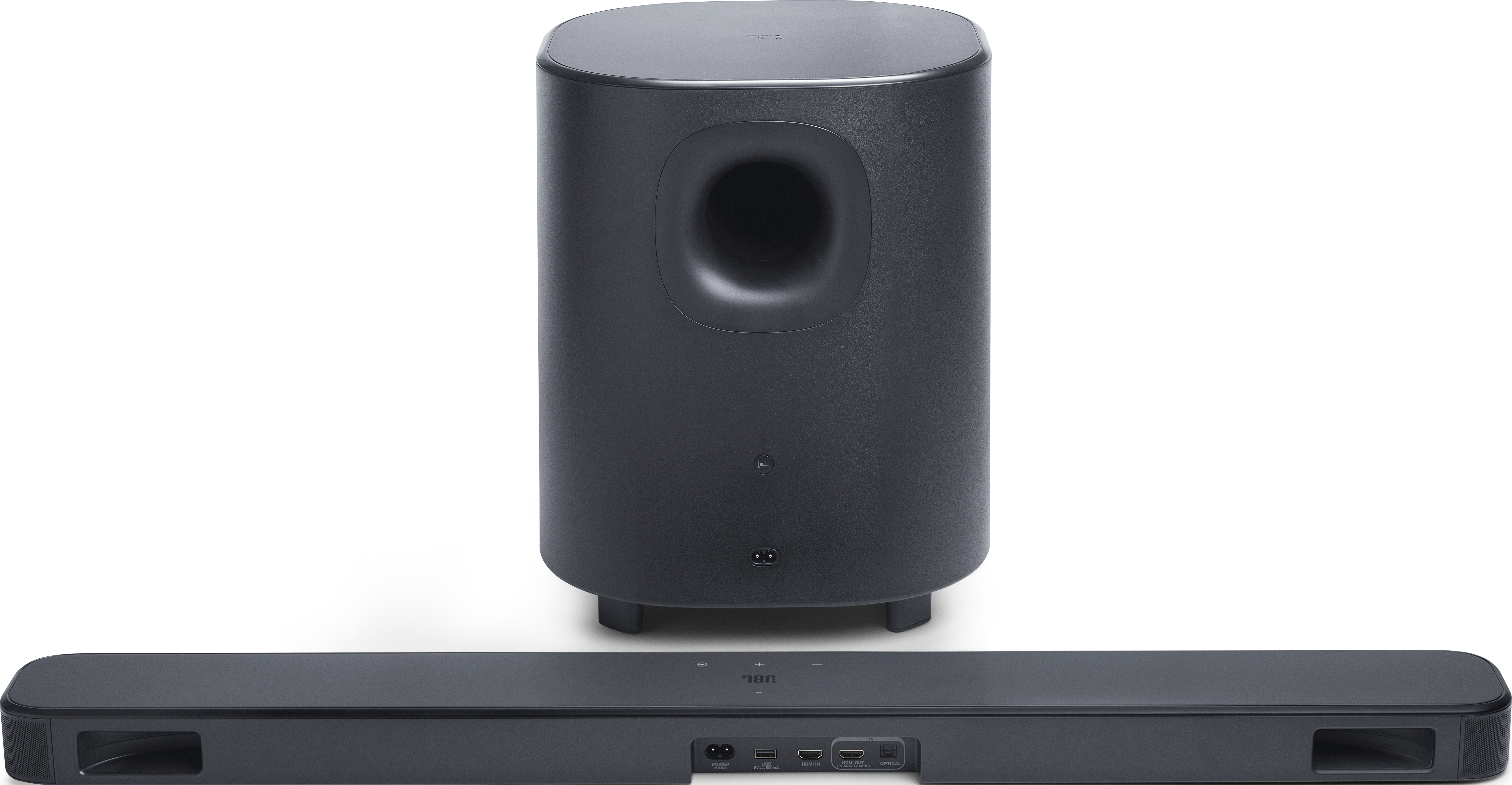 Un set di soundbar e subwoofer JBL neri. Il subwoofer è cilindrico con una porta grande. La soundbar è rettangolare.