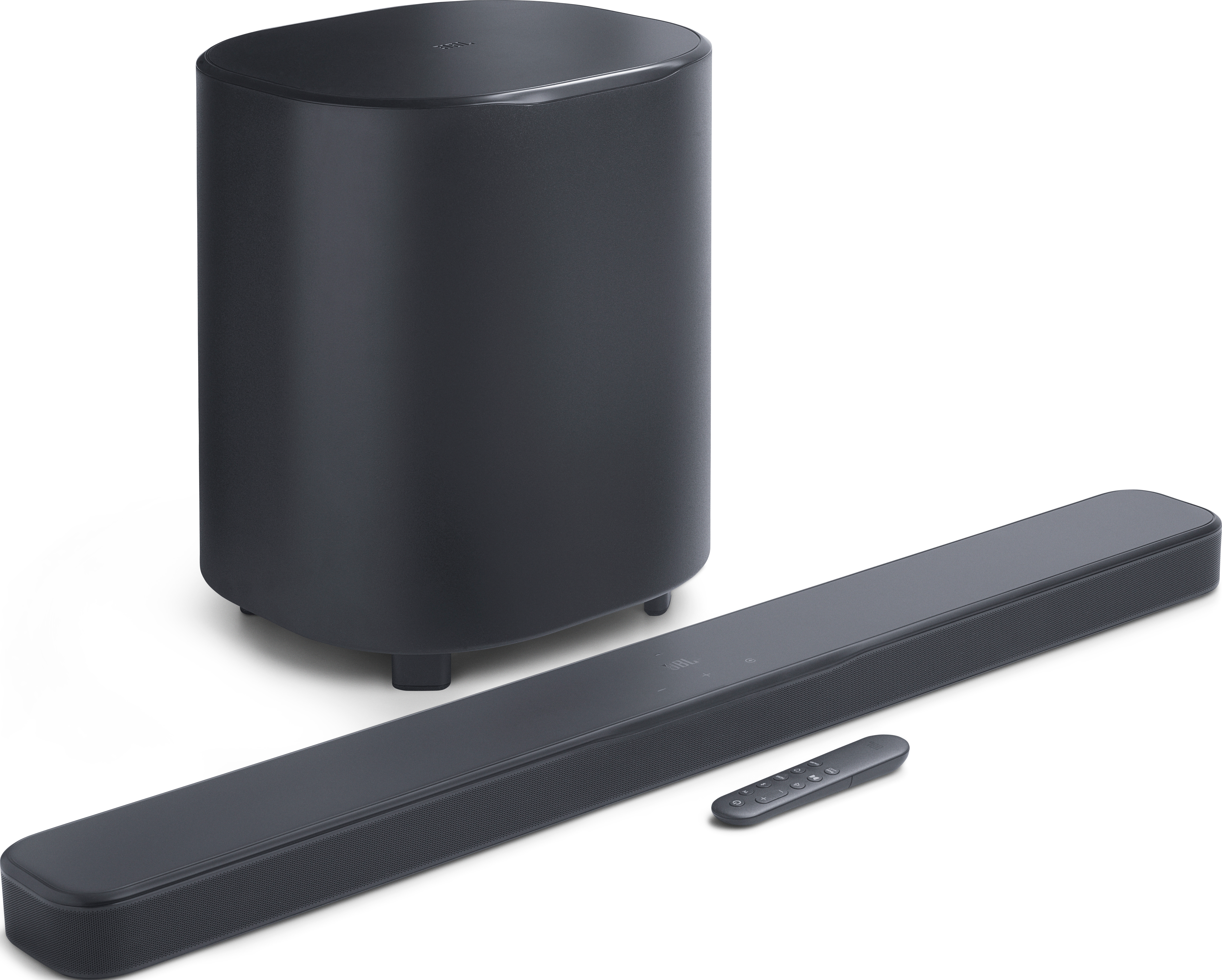 Una soundbar nera, un subwoofer e un telecomando su sfondo bianco. Il subwoofer è cilindrico, la soundbar rettangolare.