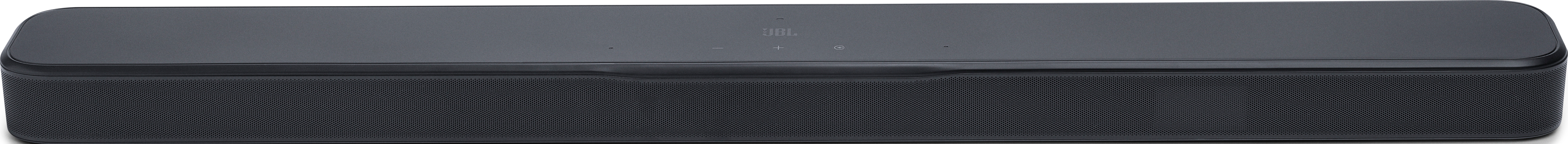 Dunkelgraue JBL-Soundbar. Sie hat einen Lautsprechergrill vorne und Bedienelemente oben. Das Logo ist sichtbar.