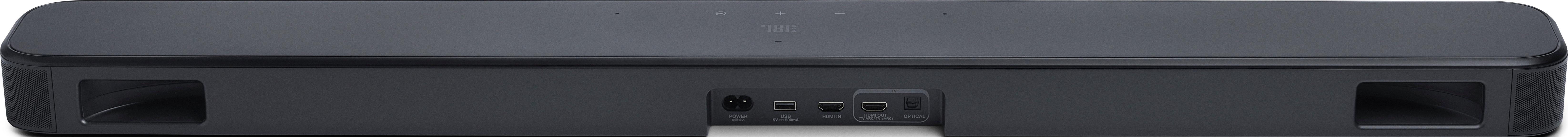 Eine dunkelgraue Soundbar mit dem JBL-Logo. Sie hat einen Stromeingang, USB-, HDMI-Anschlüsse und einen optischen Eingang.