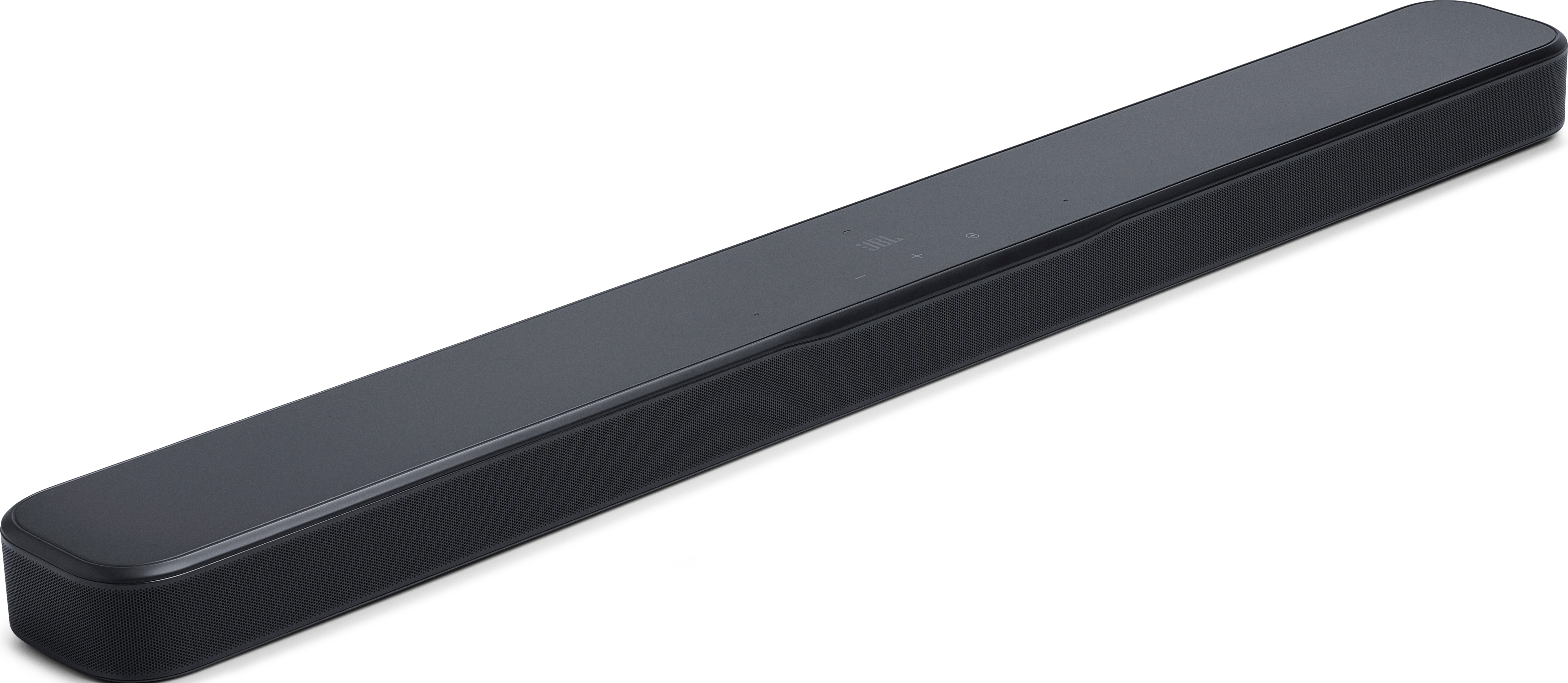 Eine schwarze JBL-Soundbar auf weißem Hintergrund. Sie hat ein schlankes Design mit perforierter Vorderseite und Bedienelementen.