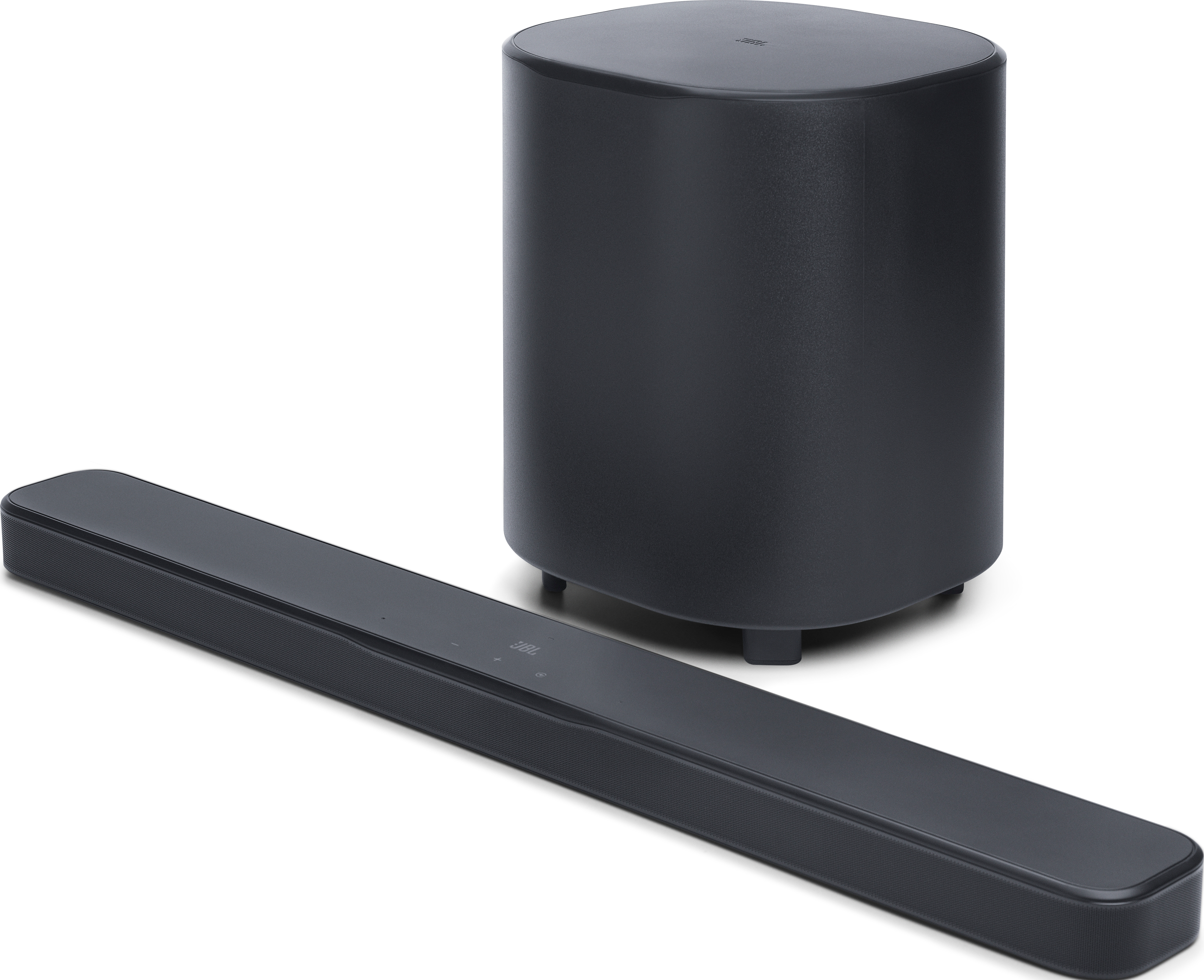 Un sistema soundbar e subwoofer grigio scuro. Il subwoofer è cilindrico, la soundbar rettangolare.