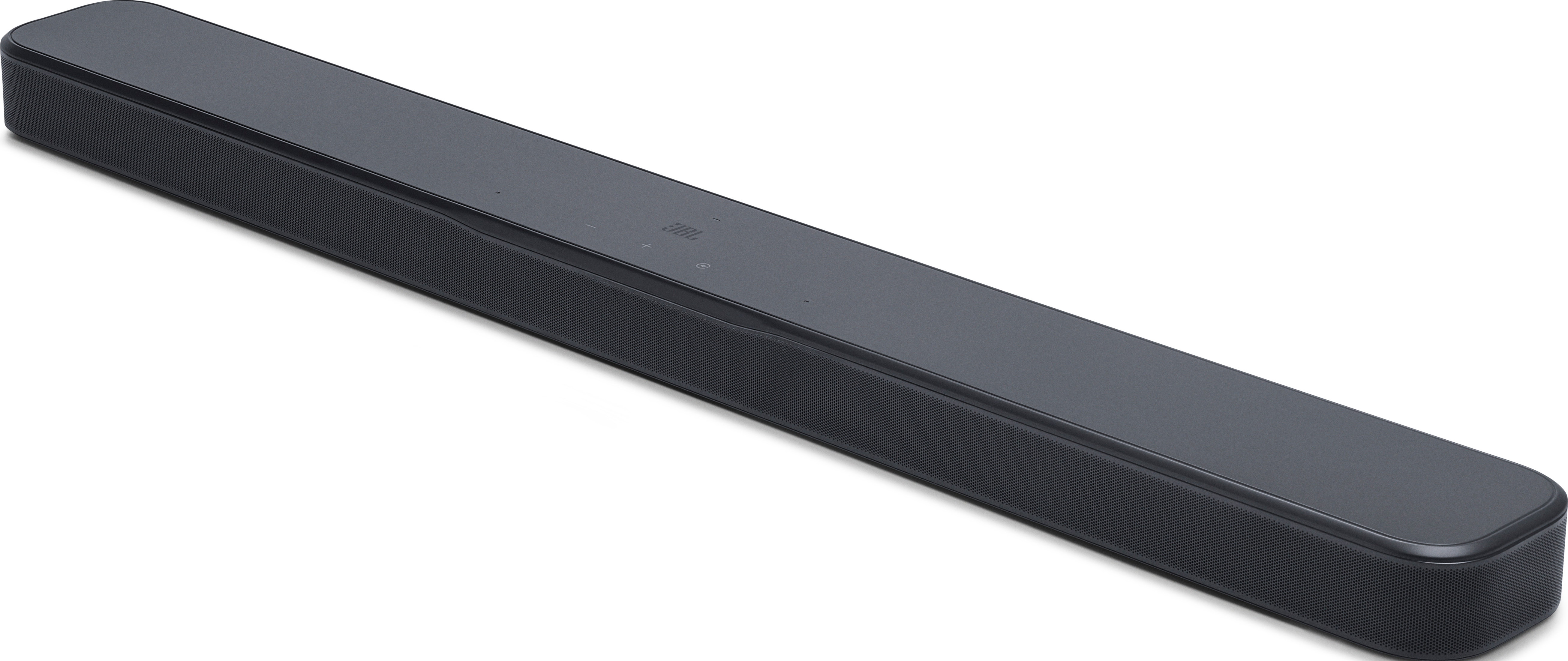 Eine schwarze JBL-Soundbar auf weißem Untergrund. Die Soundbar ist rechteckig mit abgerundeten Kanten und hat Bedienelemente.
