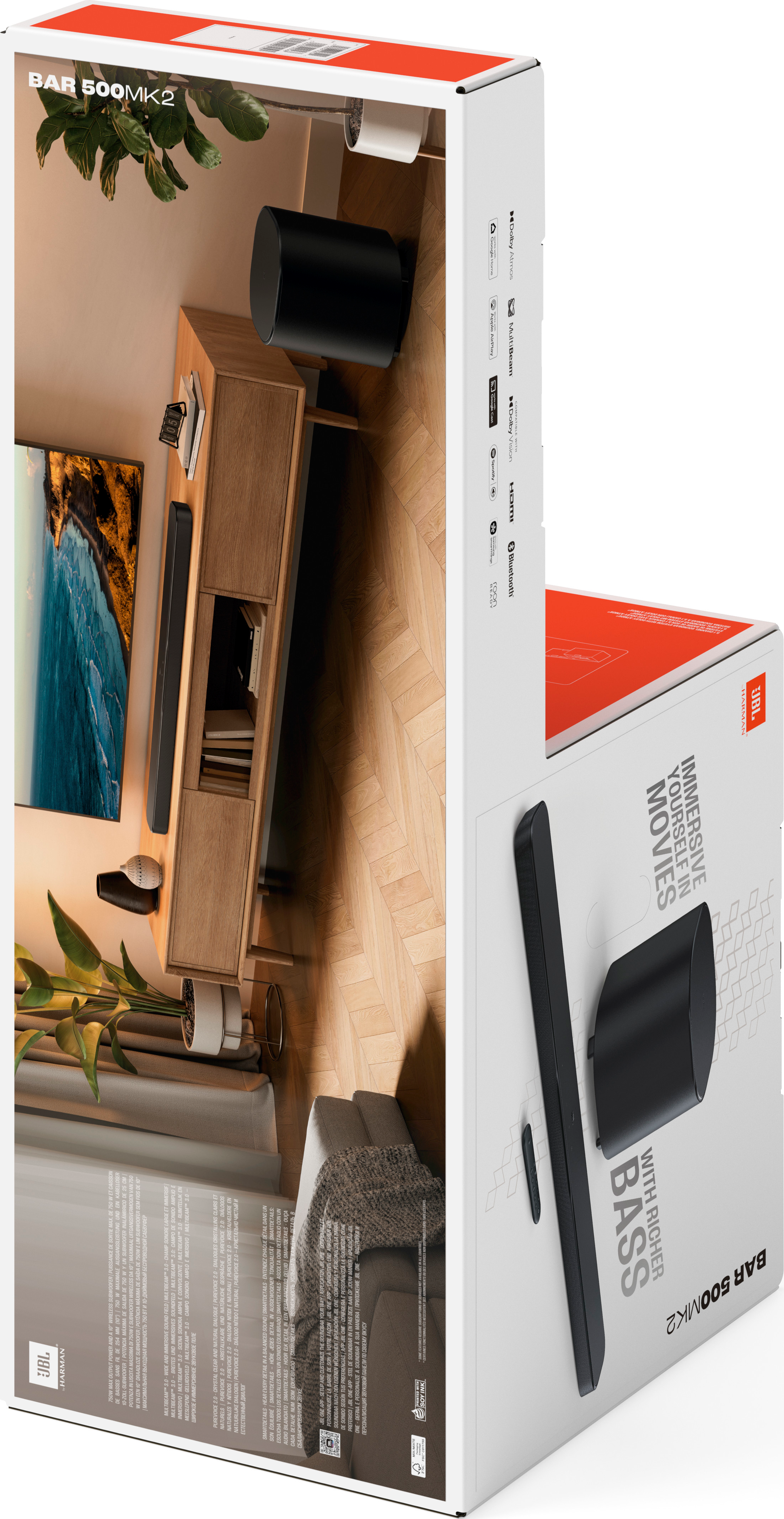 Scatola del sistema soundbar JBL Bar 500MK2. La scatola ha la soundbar e il subwoofer sul lato destro.
