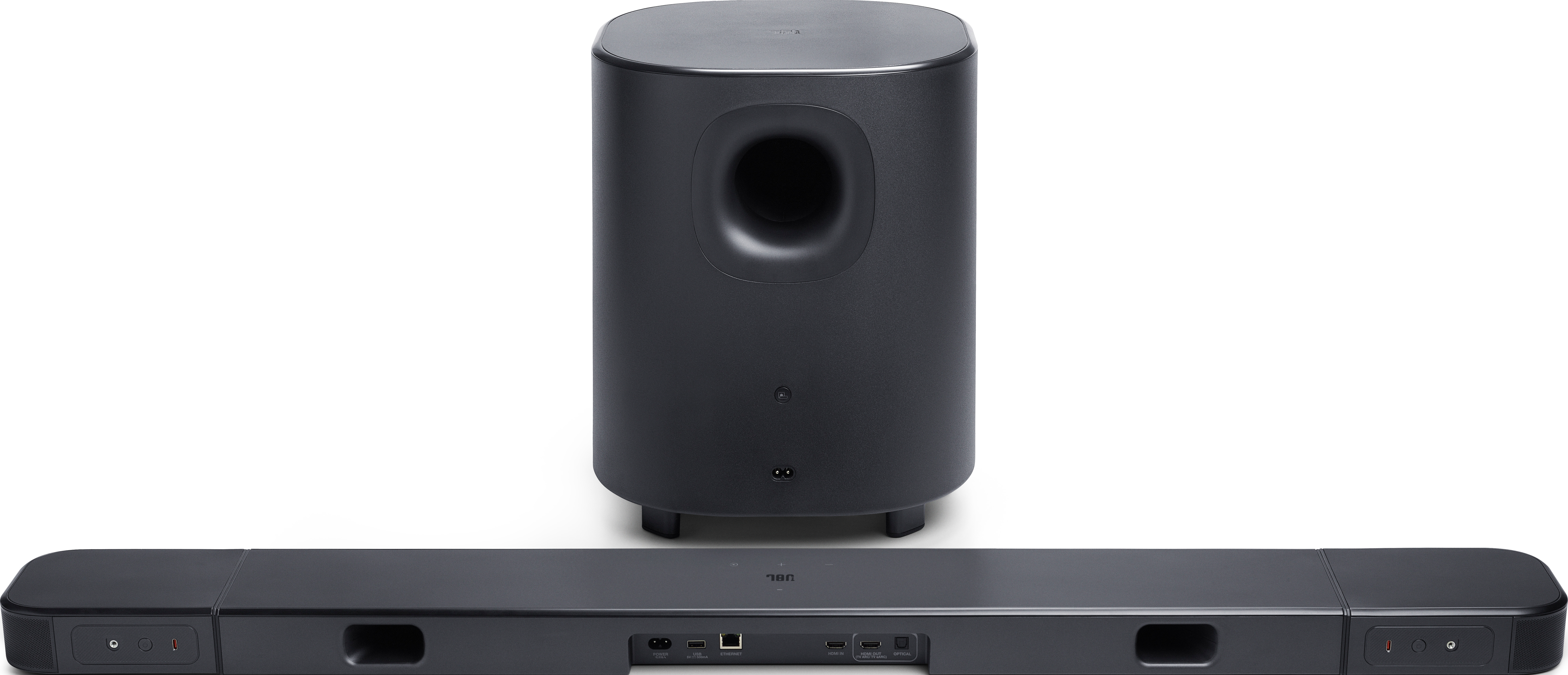 Ein schwarzes Soundbar- und Subwoofer-Set. Der Subwoofer ist zylindrisch mit großem Anschluss. Die Soundbar ist rechteckig.