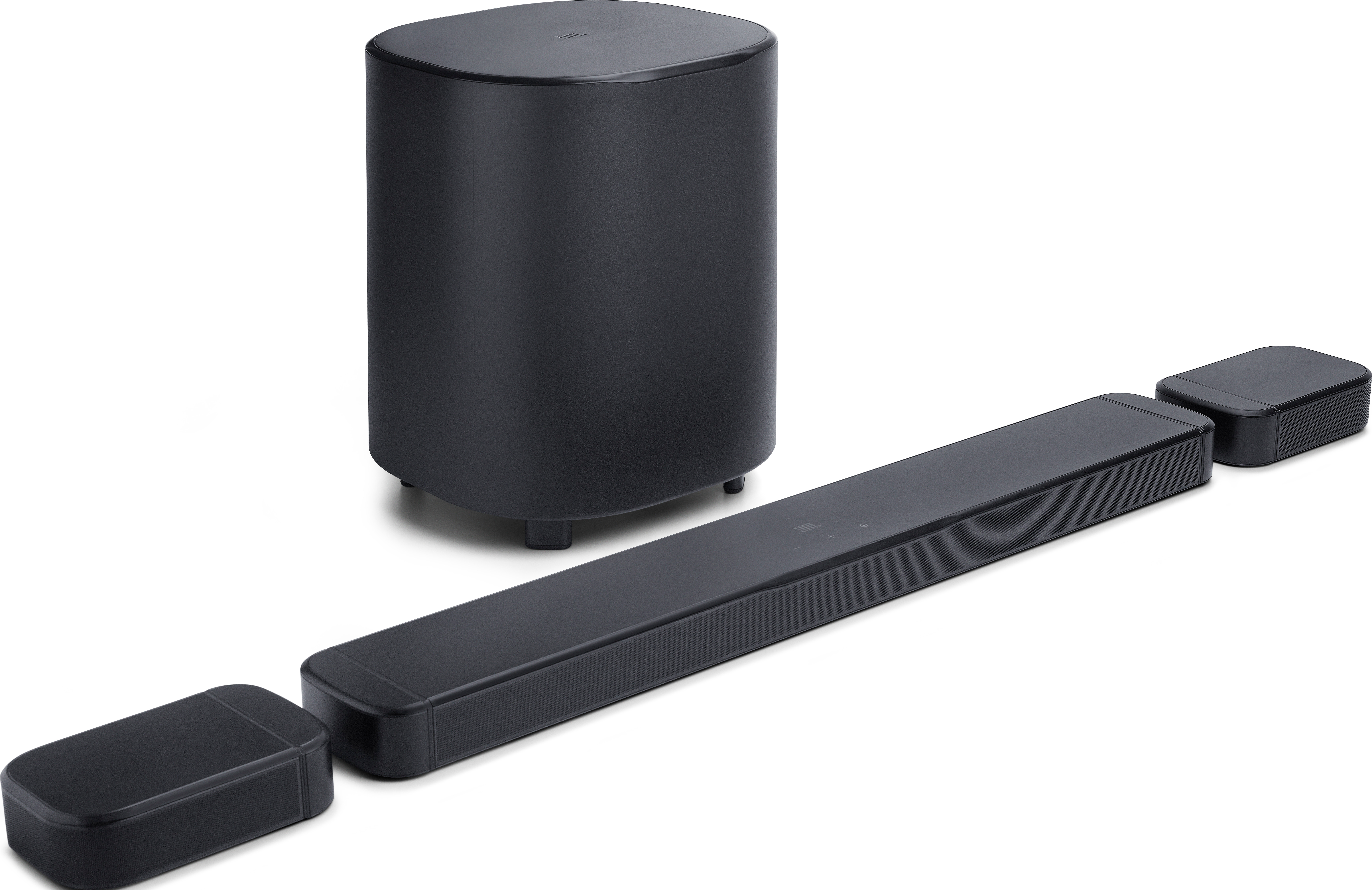 Ein schwarzes Soundsystem. Es hat einen Subwoofer, eine Soundbar und zwei Satellitenlautsprecher. Das System befindet sich auf einer weißen Oberfläche.