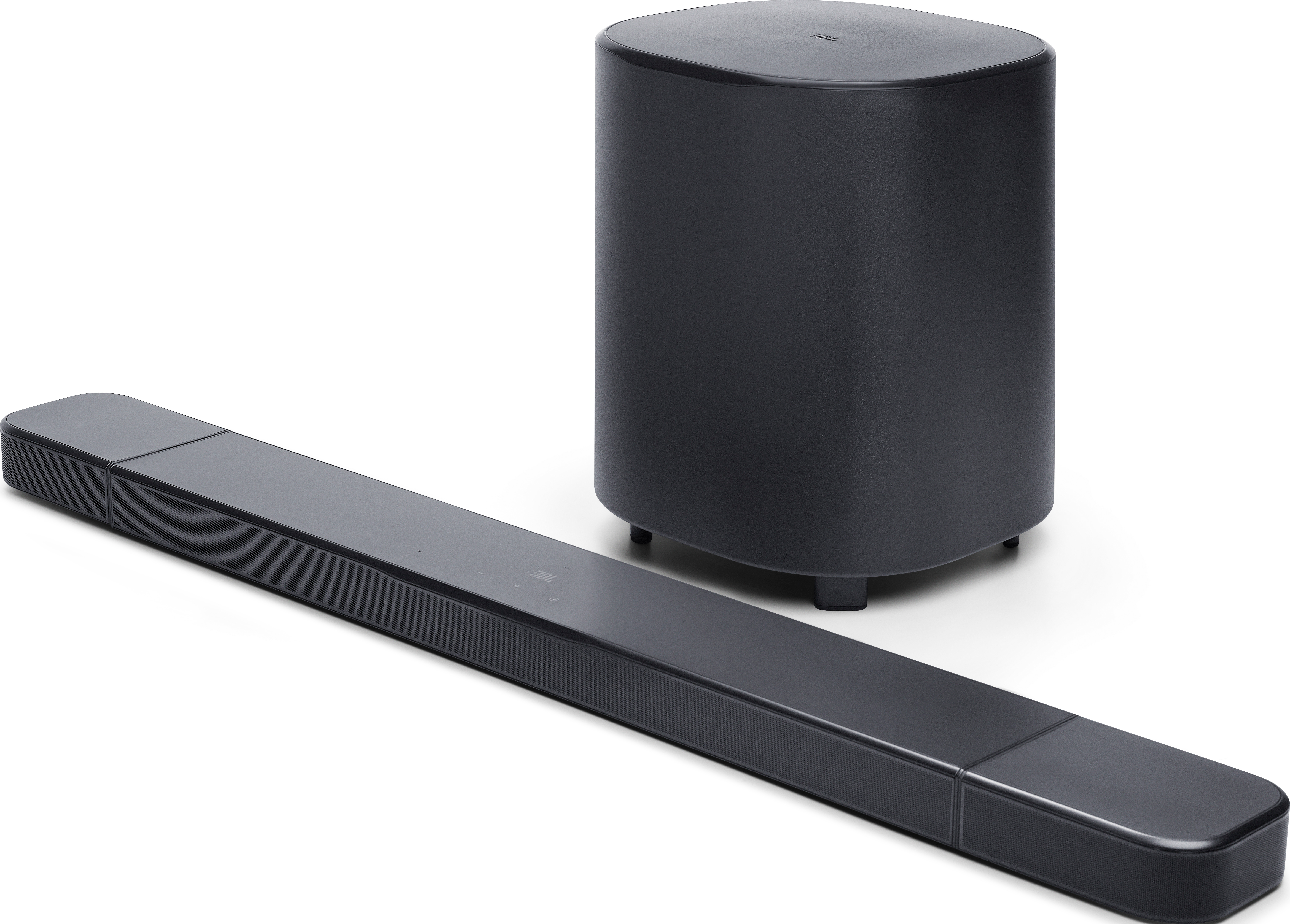Eine schwarze Soundbar und ein Subwoofer stehen auf einer weißen Oberfläche. Der Subwoofer ist zylindrisch, die Soundbar rechteckig.