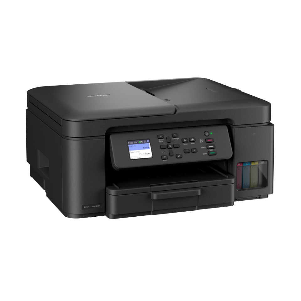 Una impresora negra Brother DCP-T720DW. Tiene una pantalla digital y botones. Los depósitos de tinta son visibles.