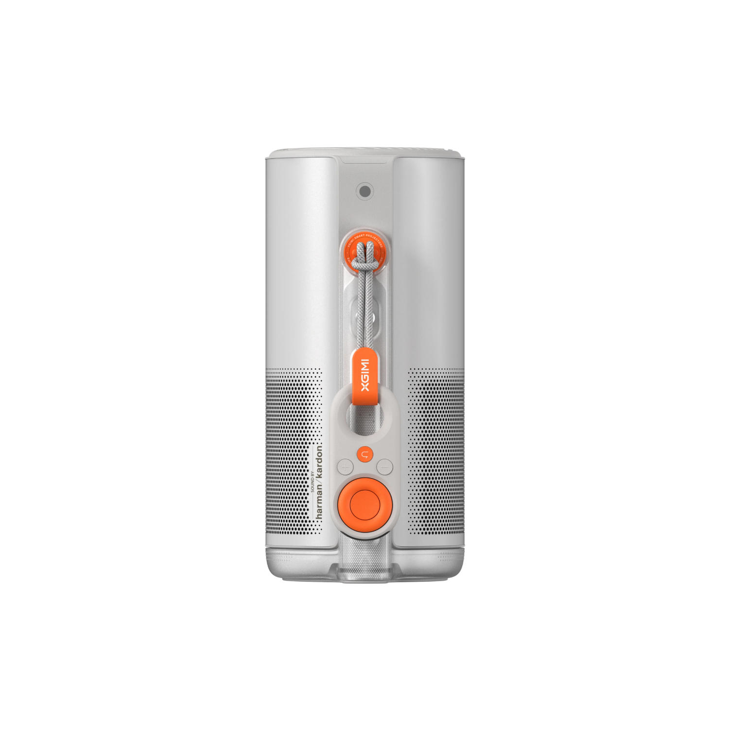 Altavoz blanco con detalles en naranja. Tiene un asa y botones. El altavoz está sobre un fondo blanco.