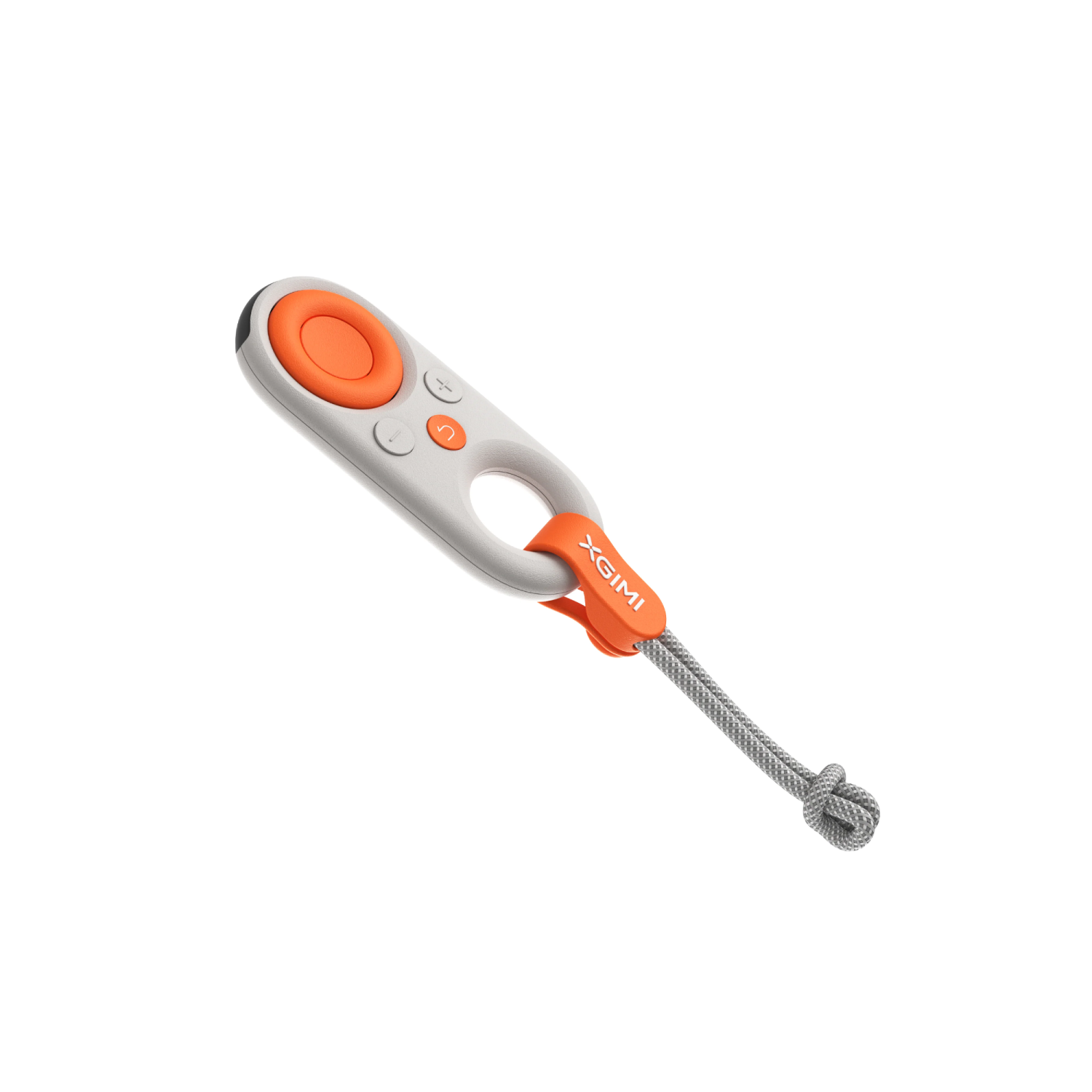 Un mando a distancia blanco y naranja con botones y un cordón gris adjunto. El mando está angulado sobre un fondo blanco.