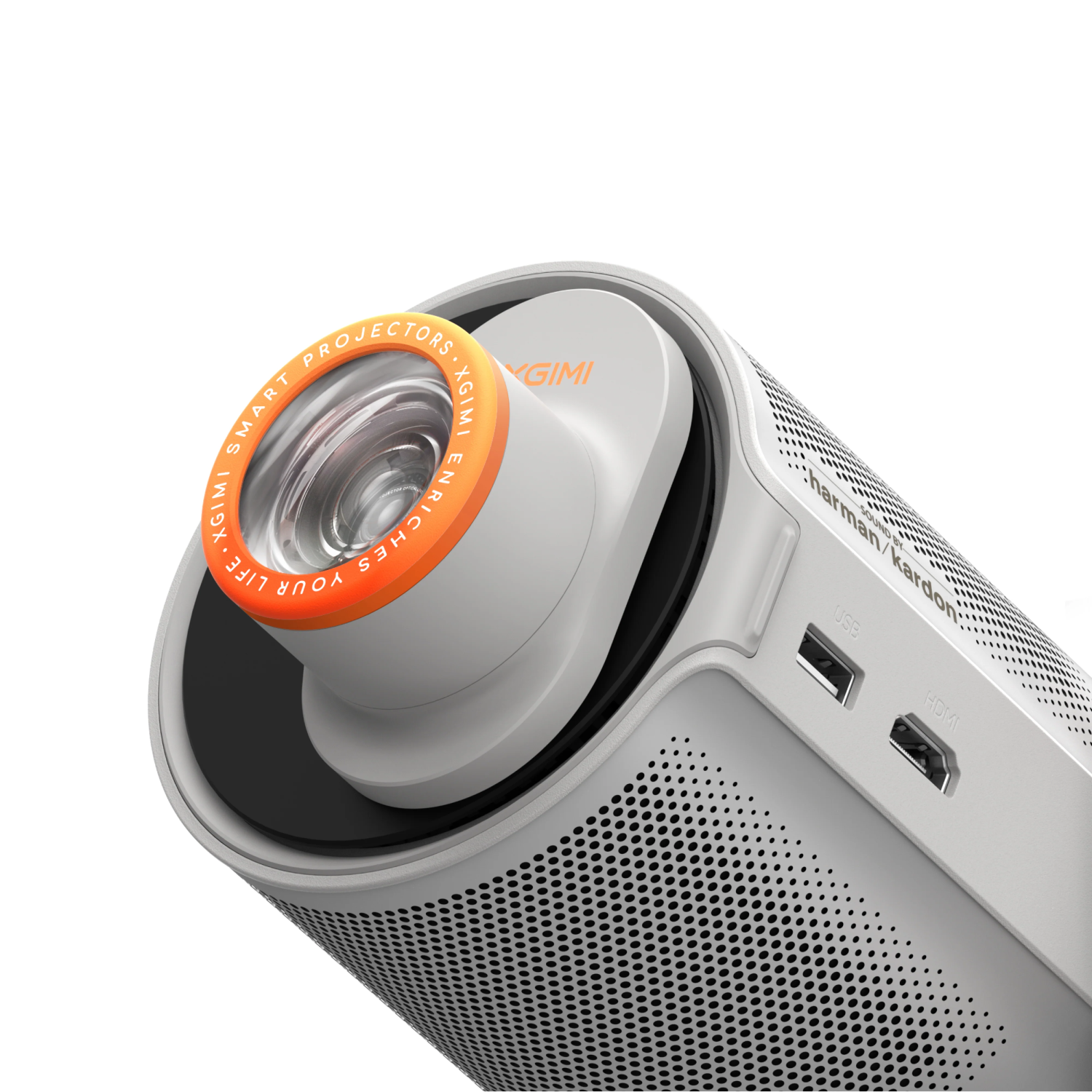 Un proyector inteligente XGIMI blanco y gris. Tiene un anillo naranja alrededor de la lente. Son visibles puertos USB y HDMI.