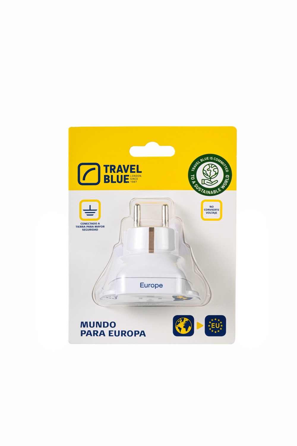 Adaptador de viaje blanco para Europa, en un paquete de plástico transparente. El paquete es amarillo y azul, con texto en español.