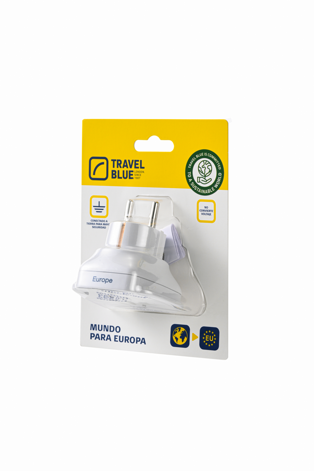Un adaptador Travel Blue Europe en un paquete blanco y amarillo, con el logo de la UE y las palabras "Mundo para Europa".