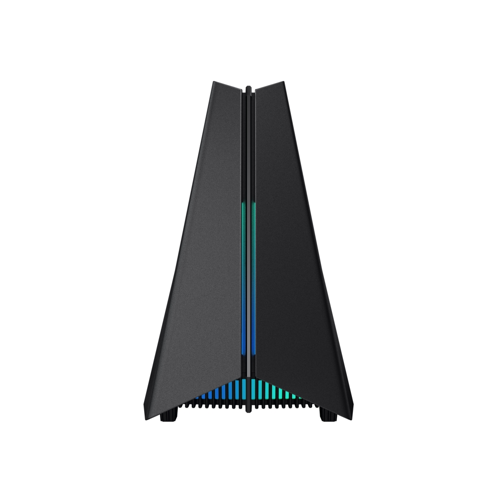 Carcasa de computadora negra con diseño triangular, franjas verticales de luz azul y verde y fondo blanco.