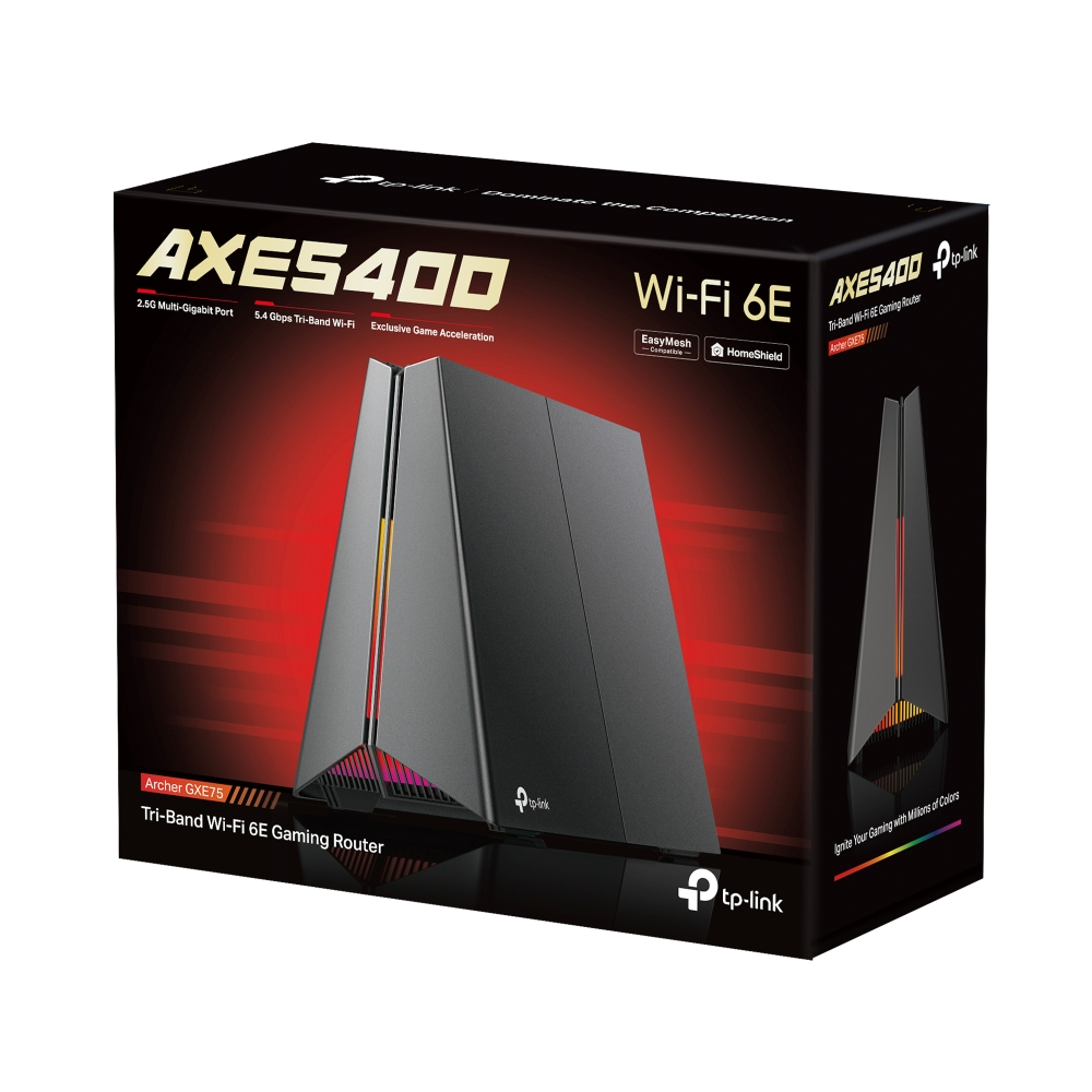 Una caja negra del router gaming Wi-Fi 6E TP-Link AXE5400. Muestra el router con luces coloridas e información del producto.
