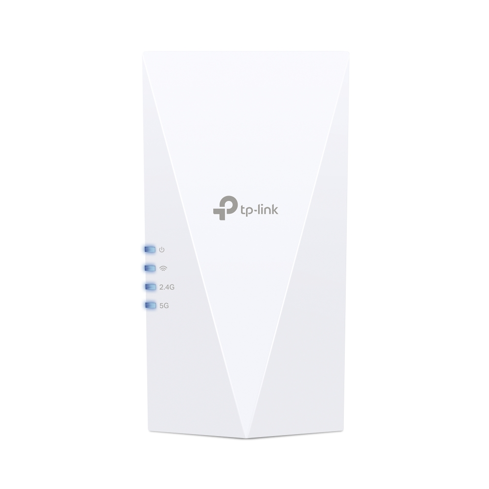 Un extensor de rango TP-Link blanco. Tiene un botón de encendido, un símbolo de wifi e indicadores de 2,4G y 5G. El fondo es blanco.