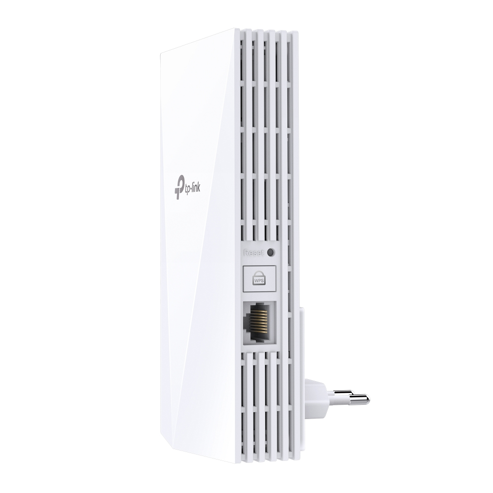 Extensor WiFi TP-Link blanco. Botón de reinicio, botón WPS y puerto Ethernet. Enchufe de dos clavijas. Fondo blanco.