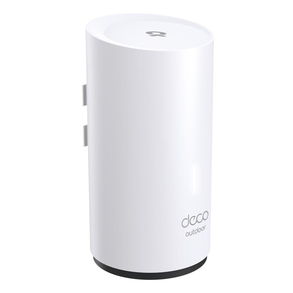 Un router Deco para exteriores, cilíndrico blanco. Tiene una parte superior plana con un logotipo. La base es negra. Tiene dos soportes grises.