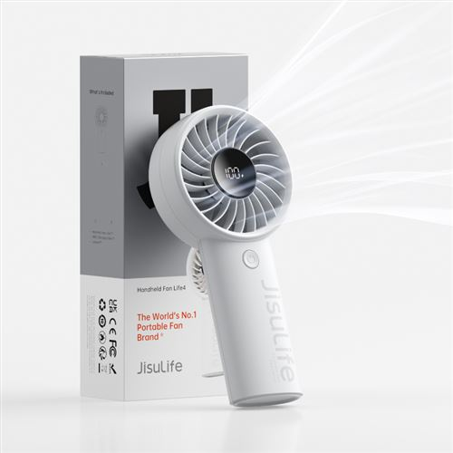 Un ventilador de mano Jisulife blanco con una pantalla digital que muestra '100' y una caja en el fondo. El ventilador tiene un mango y está soplando aire.