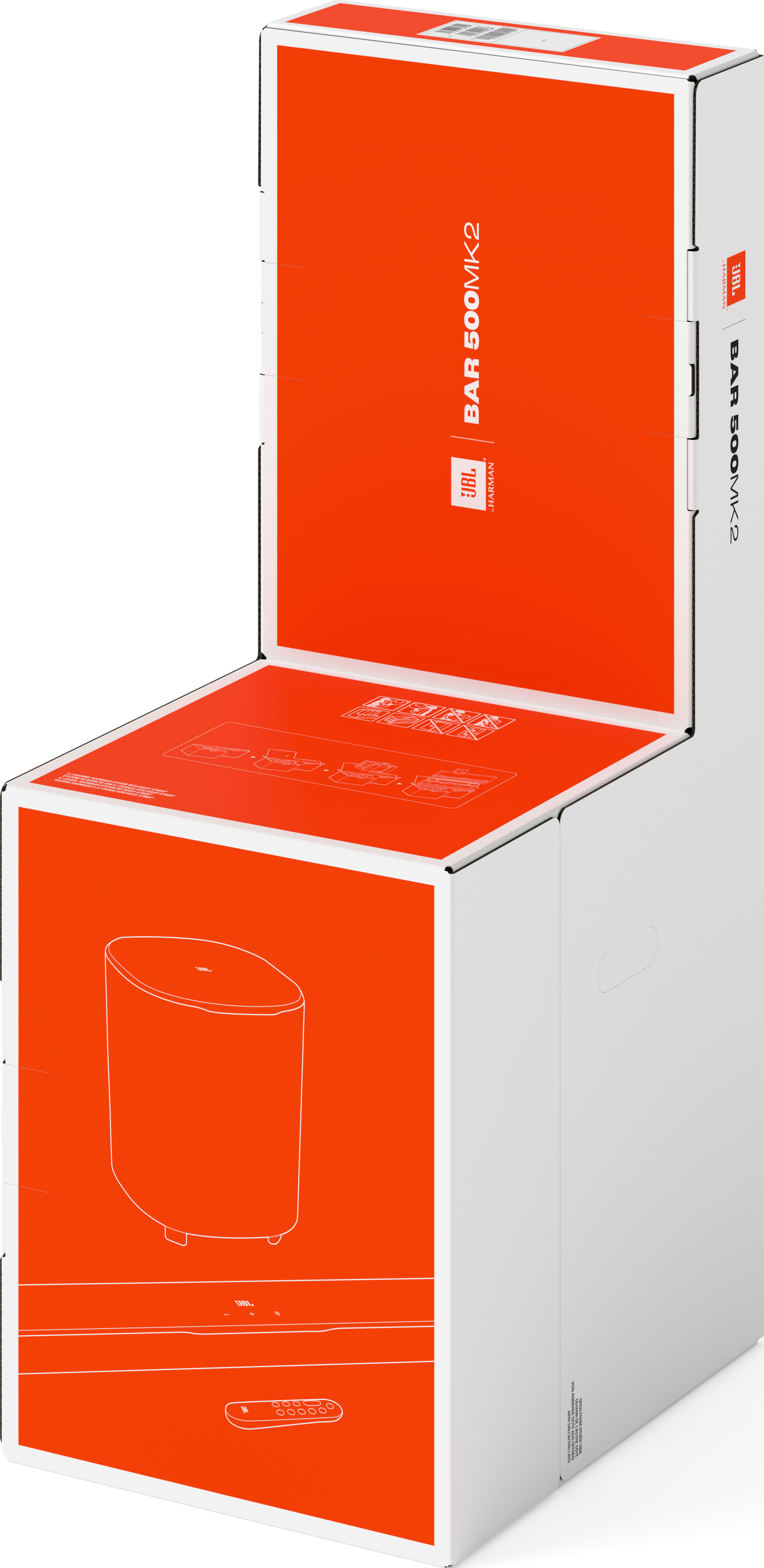 Una scatola bianca e arancione JBL BAR 500MK2. Contiene i contorni di un subwoofer e di una soundbar. Testo con loghi JBL e HARMAN.