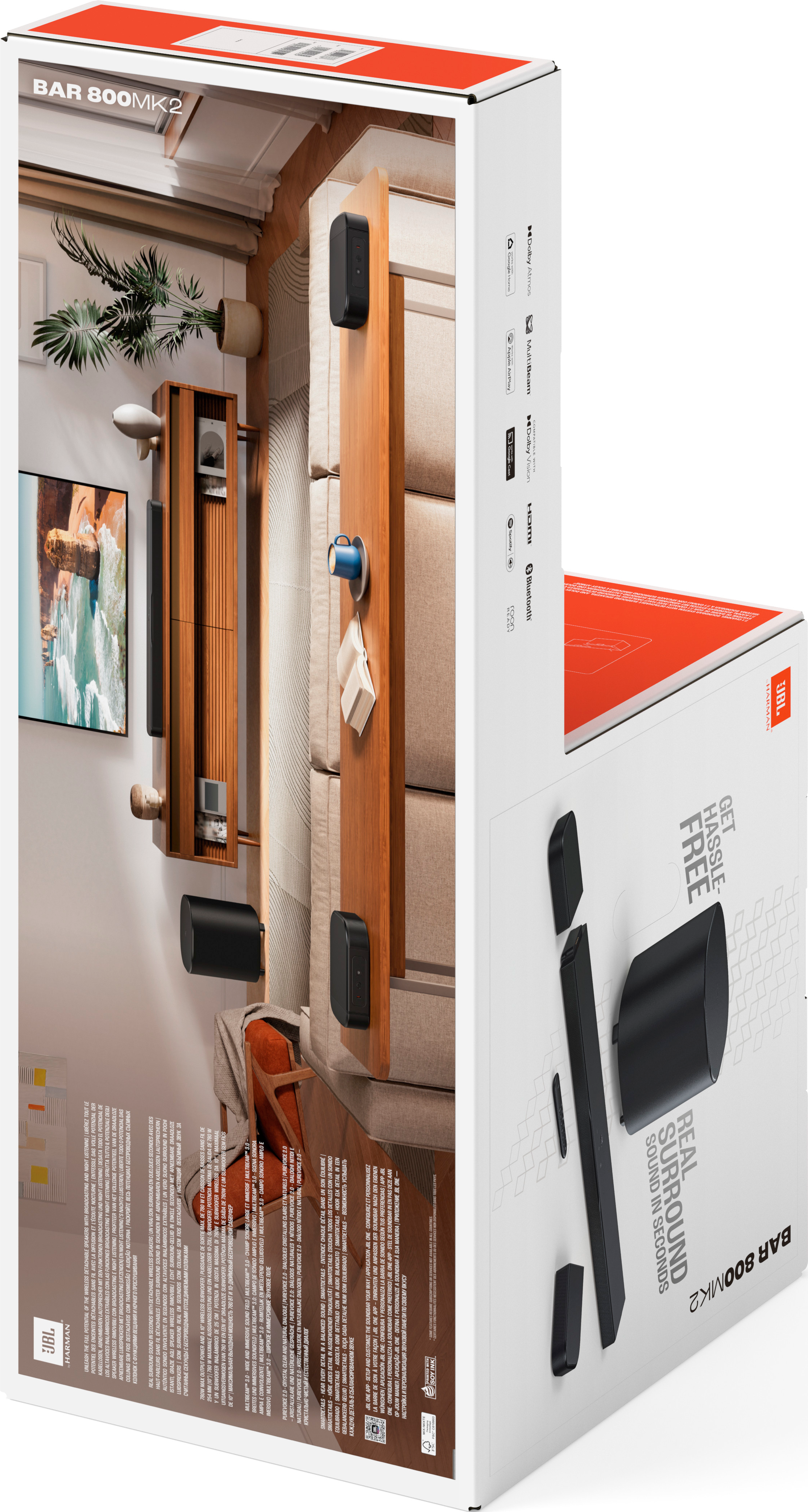 Karton zeigt JBL Soundbar-System mit Lautsprechern und einer Raumdarstellung.