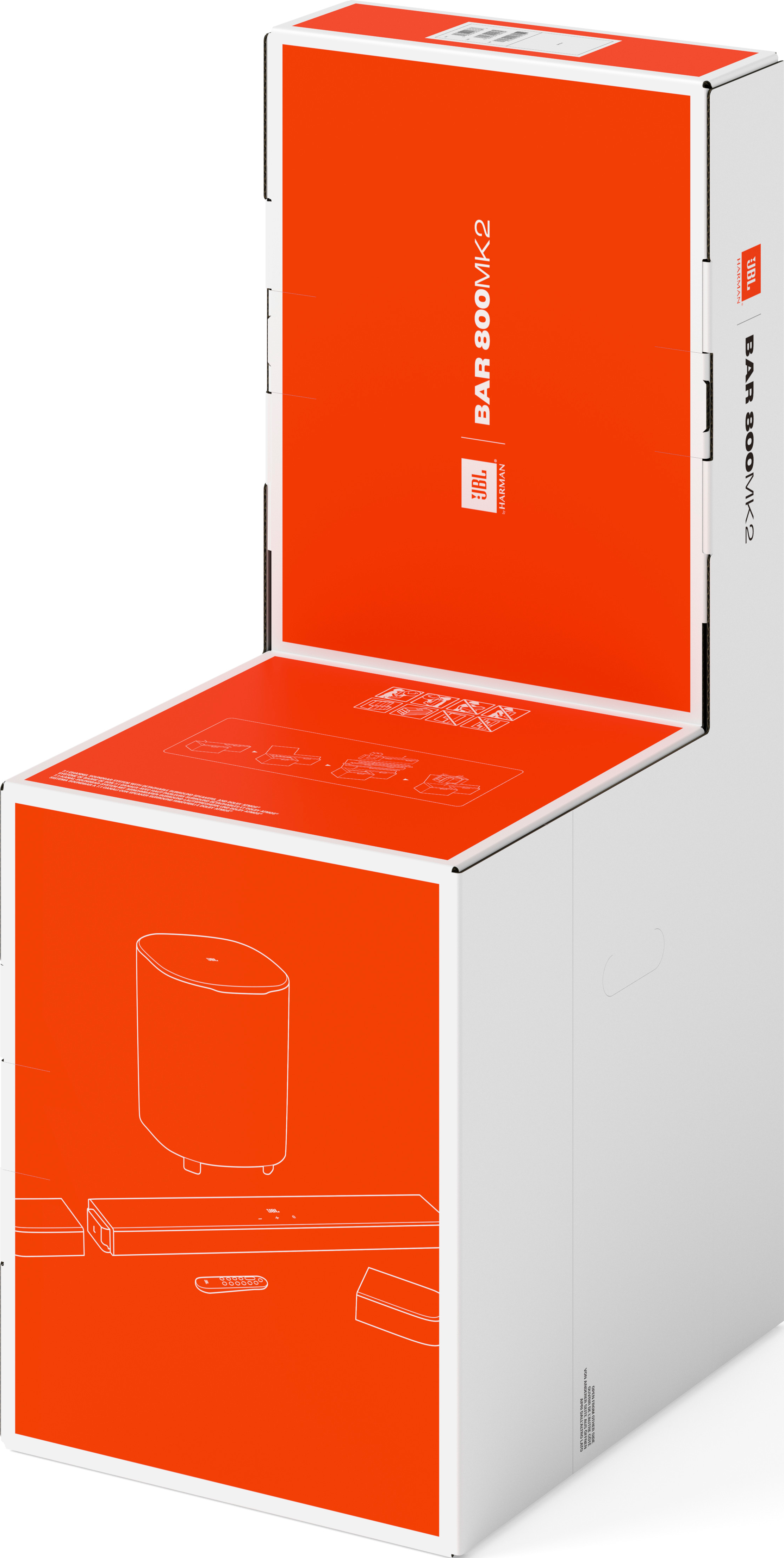 JBL Bar 800MK2 Box. Orange und weiße Schachtel mit Produktbildern und Branding. Details umfassen das JBL-Logo.