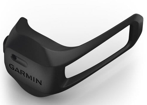 Czarny monitor pracy serca Garmin. Ma zakrzywioną konstrukcję z otwartą przestrzenią i logo Garmin.