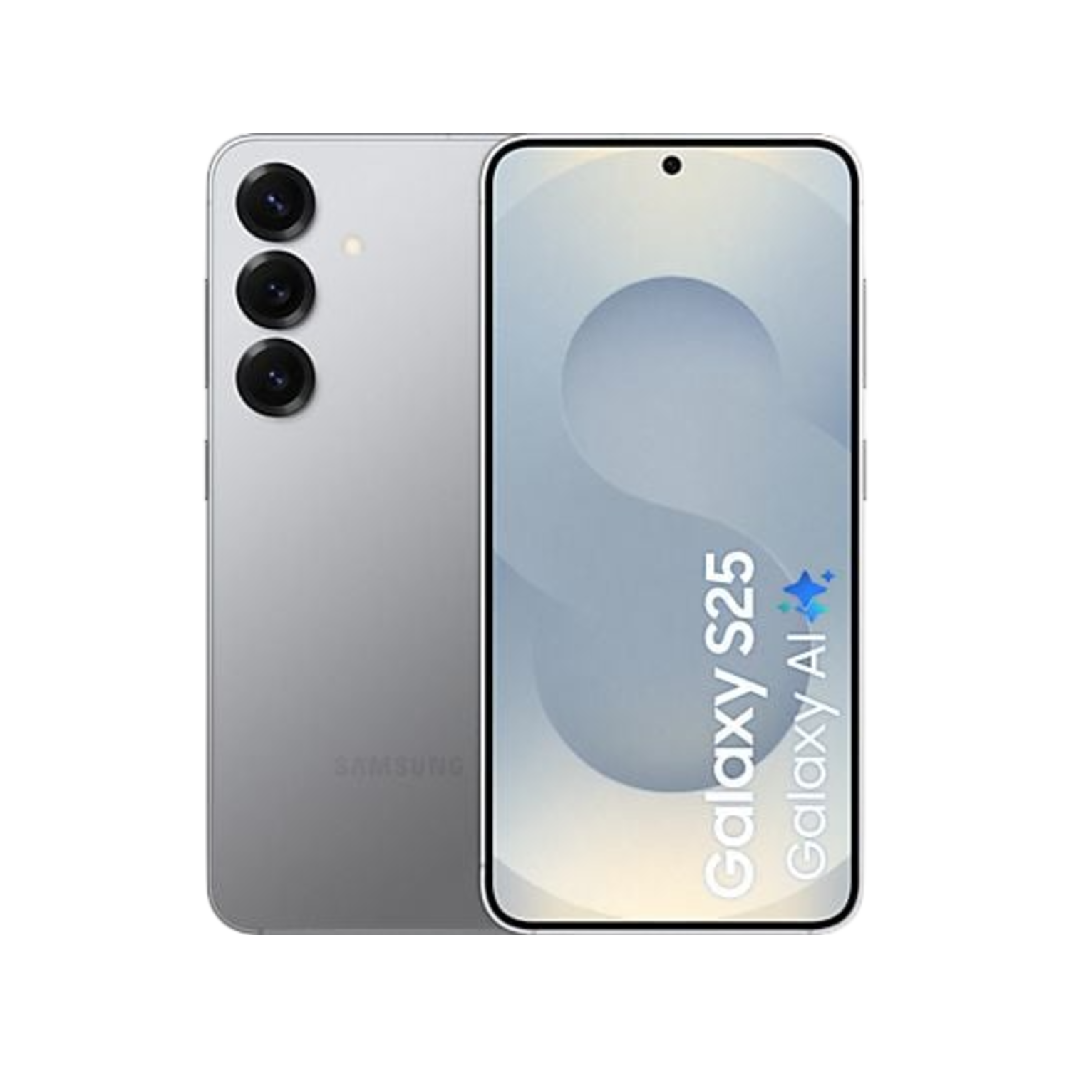 Een zilveren Samsung Galaxy S25 telefoon. Het heeft drie camera's aan de achterkant, een scherm met 'Galaxy S25 Galaxy AI' en een zwarte achtergrond.