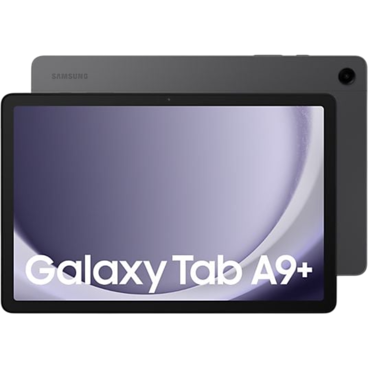 Een Samsung Galaxy Tab A9+ tablet. Het scherm toont een paarse gradiënt met witte tekst. Een andere tablet staat erachter.