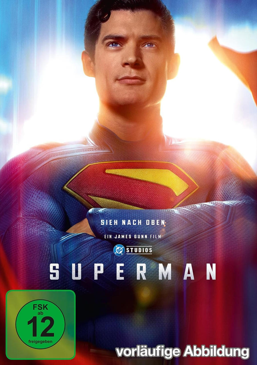 Superman-Poster. Mann im Anzug mit Logo. Text: Superman, FSK 12, „Sieh nach oben“, „Ein James Gunn Film“ und DC Studios Logo.