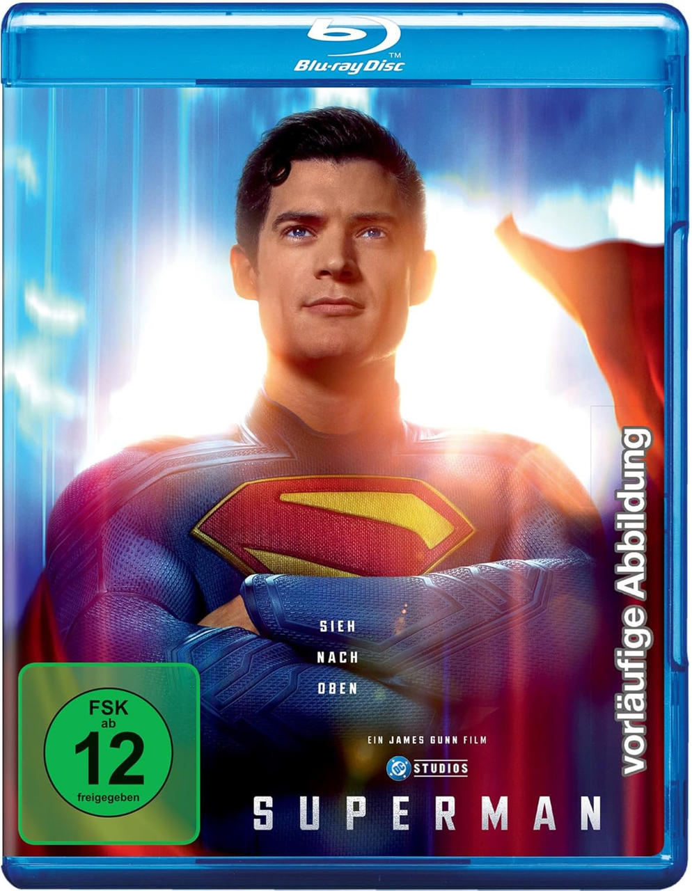 Blu-ray-Cover von Superman. Das Bild zeigt Superman in einem rot-blauen Anzug. Der Hintergrund ist hell.