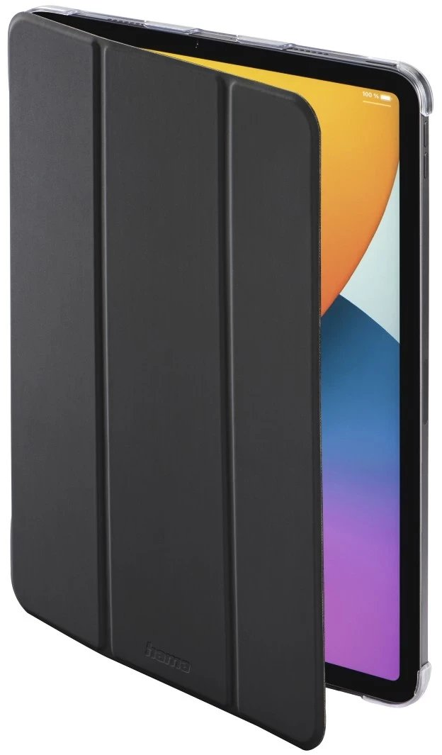 Czarne etui na tablet częściowo otwarte, odsłaniające ekran z kolorowym wyświetlaczem. Etui ma teksturowane wykończenie.