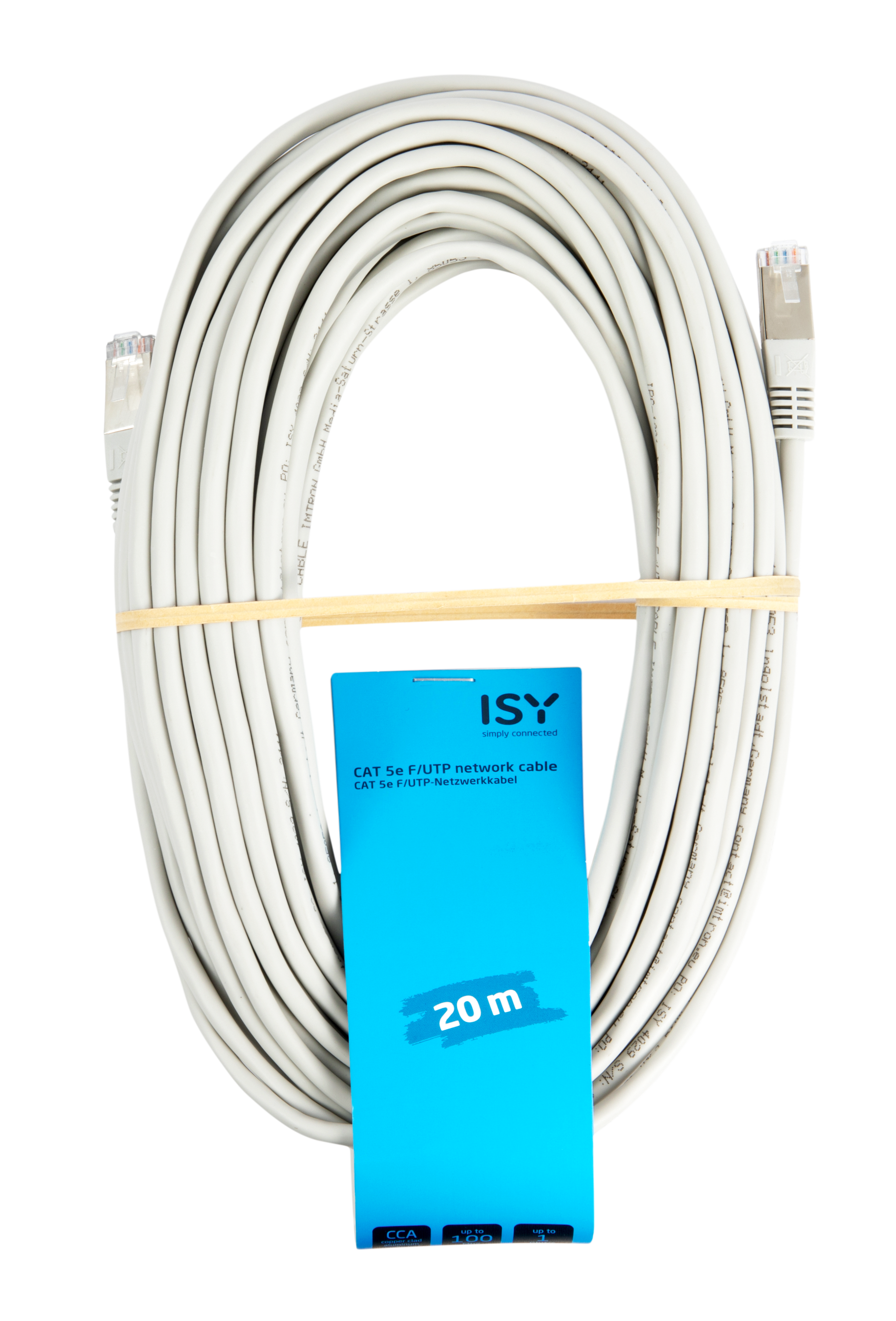 Zwinięty szary kabel sieciowy z wtyczkami, spięty gumką. Niebieska etykieta z tekstem pośrodku.