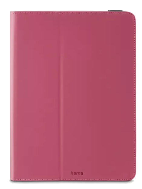 Różowe etui na tablet marki Hama. Etui jest prostokątne i ma błyszczącą powierzchnię. Pionowe zagięcie przebiega przez środek.