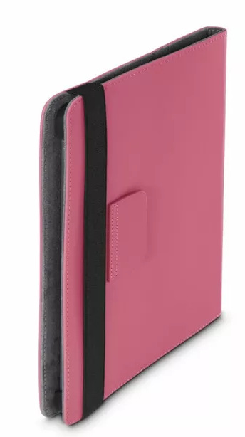 Różowe etui na tablet z czarnym paskiem i zapięciem. Szare wnętrze. Widok pod kątem, białe tło.