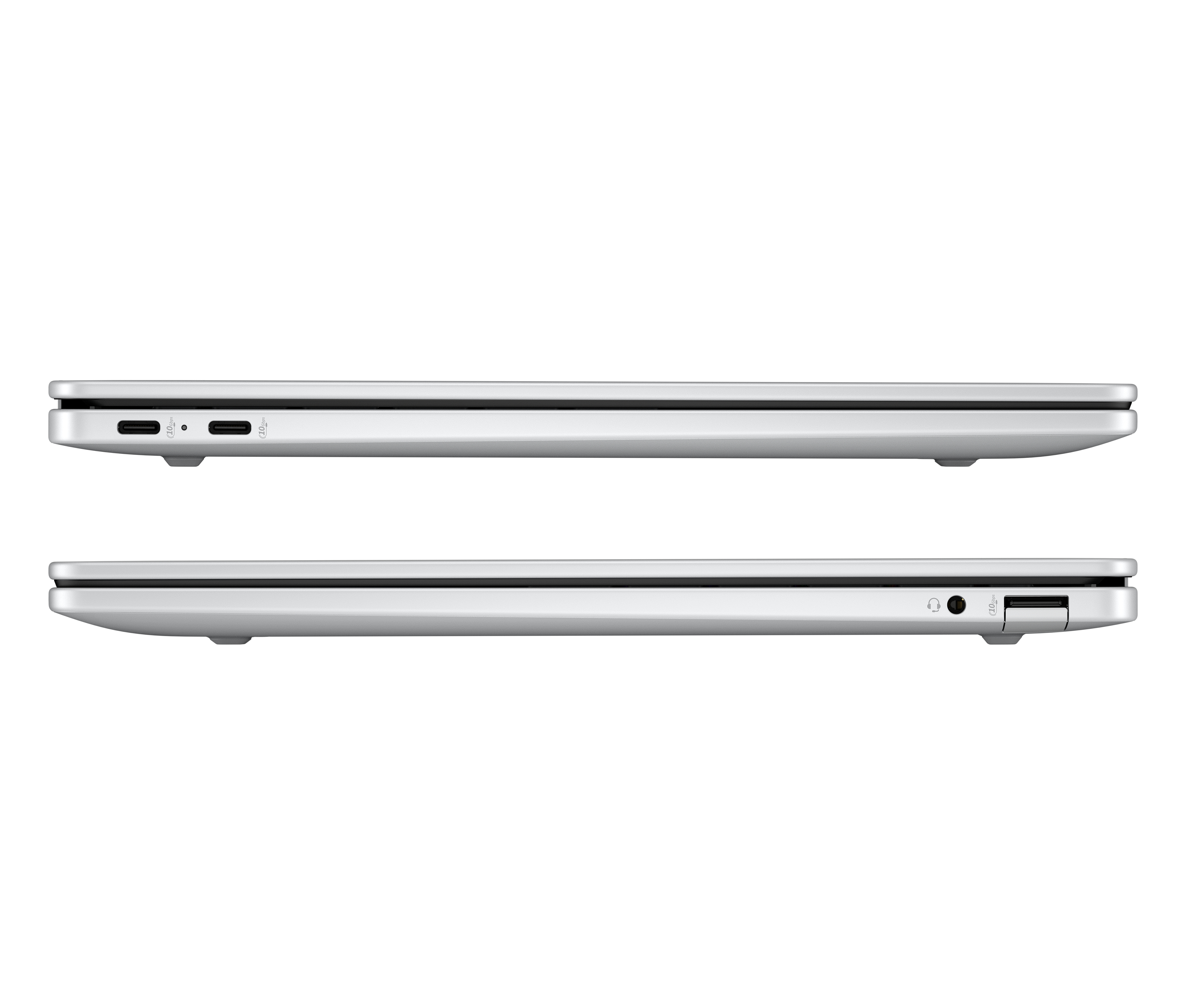 Silberne Laptopkanten. Oben: USB-C-Anschlüsse. Unten: Kopfhöreranschluss, USB-Anschluss. Weißer Hintergrund.