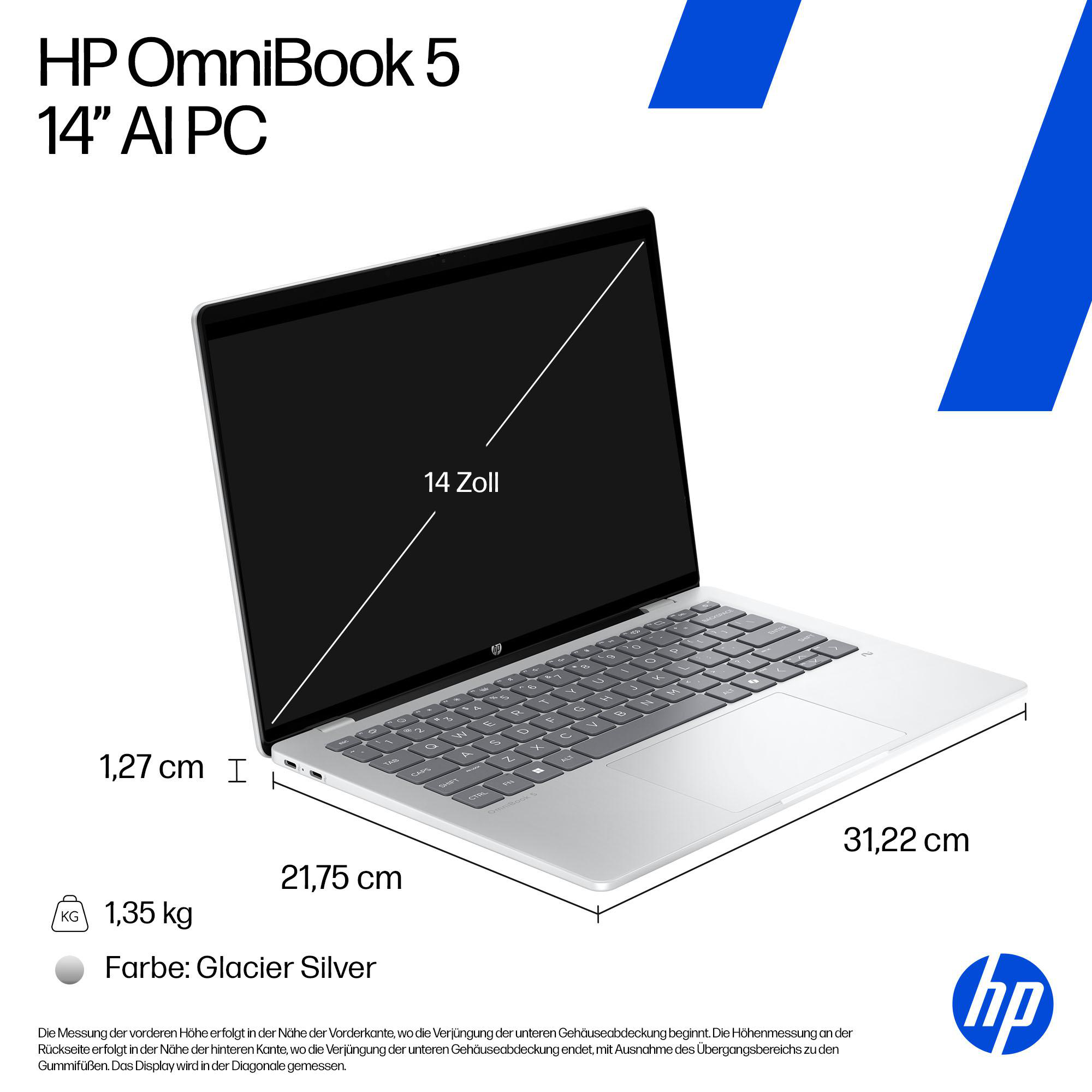 Ein silbernes HP OmniBook 5 Laptop ist geöffnet. Zeigt 14 Zoll Bildschirm, Tastatur sichtbar. Abmessungen und Gewicht werden gezeigt.