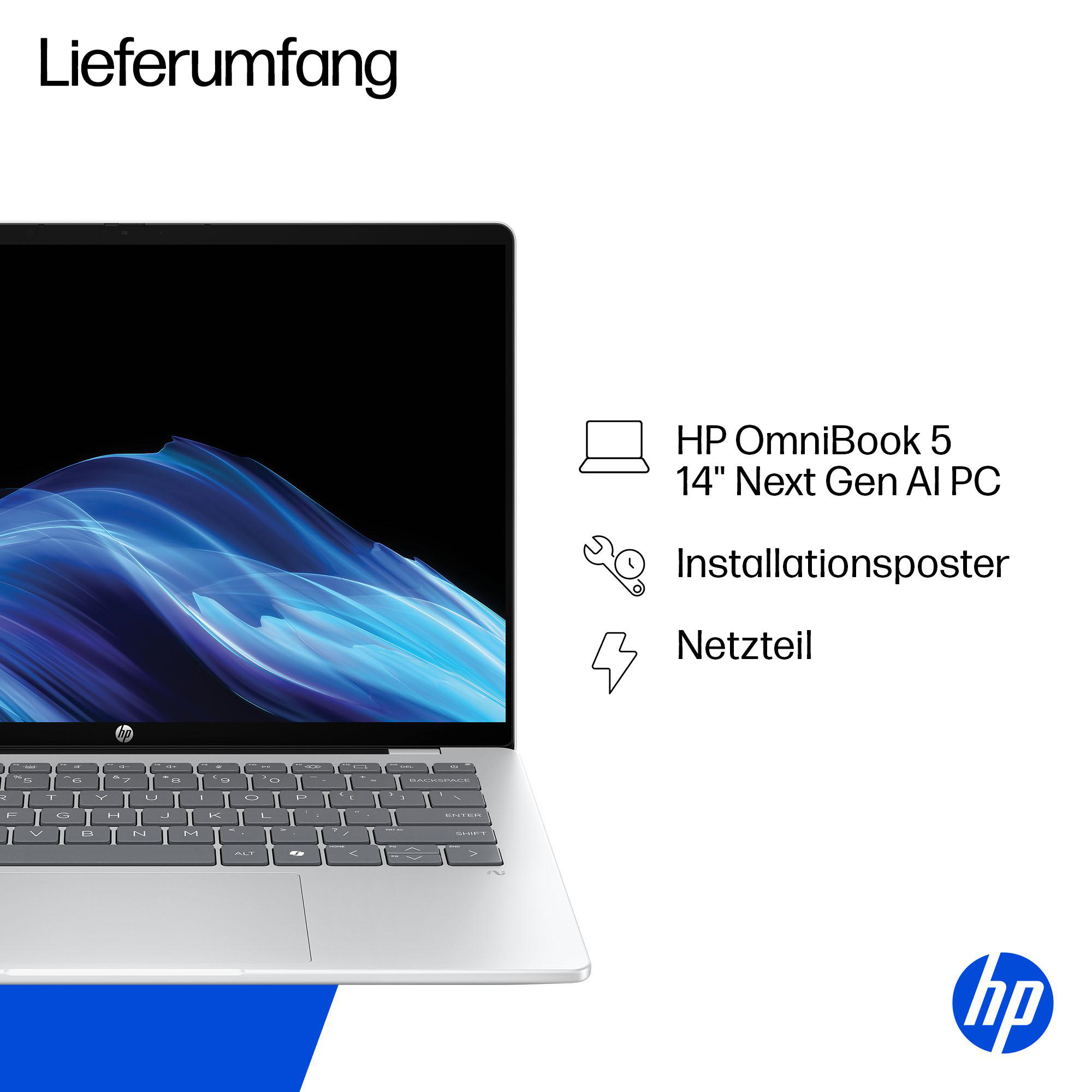 Ein HP-Laptop ist geöffnet und zeigt einen schwarzen Bildschirm. Text beinhaltet: HP OmniBook, Installationsposter und Netzteil.